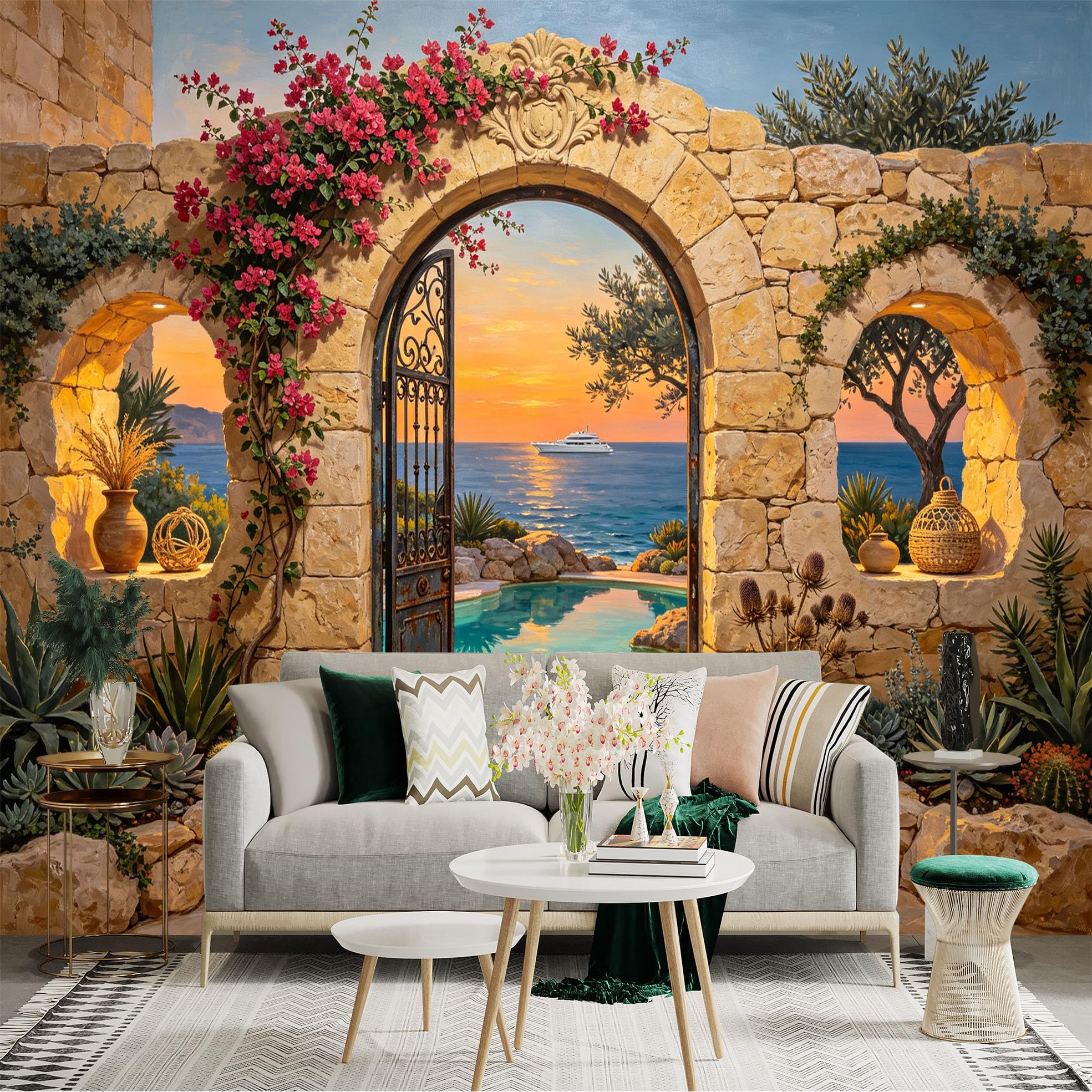 Lnzczhyre Bh260719507 Custom Size Wall Sticker Mural， Mediterranean Stone Archway， Sunset Sea View， Tropical Poolside Garden， For Wall Decoration， Peelandstick Wall Decals.