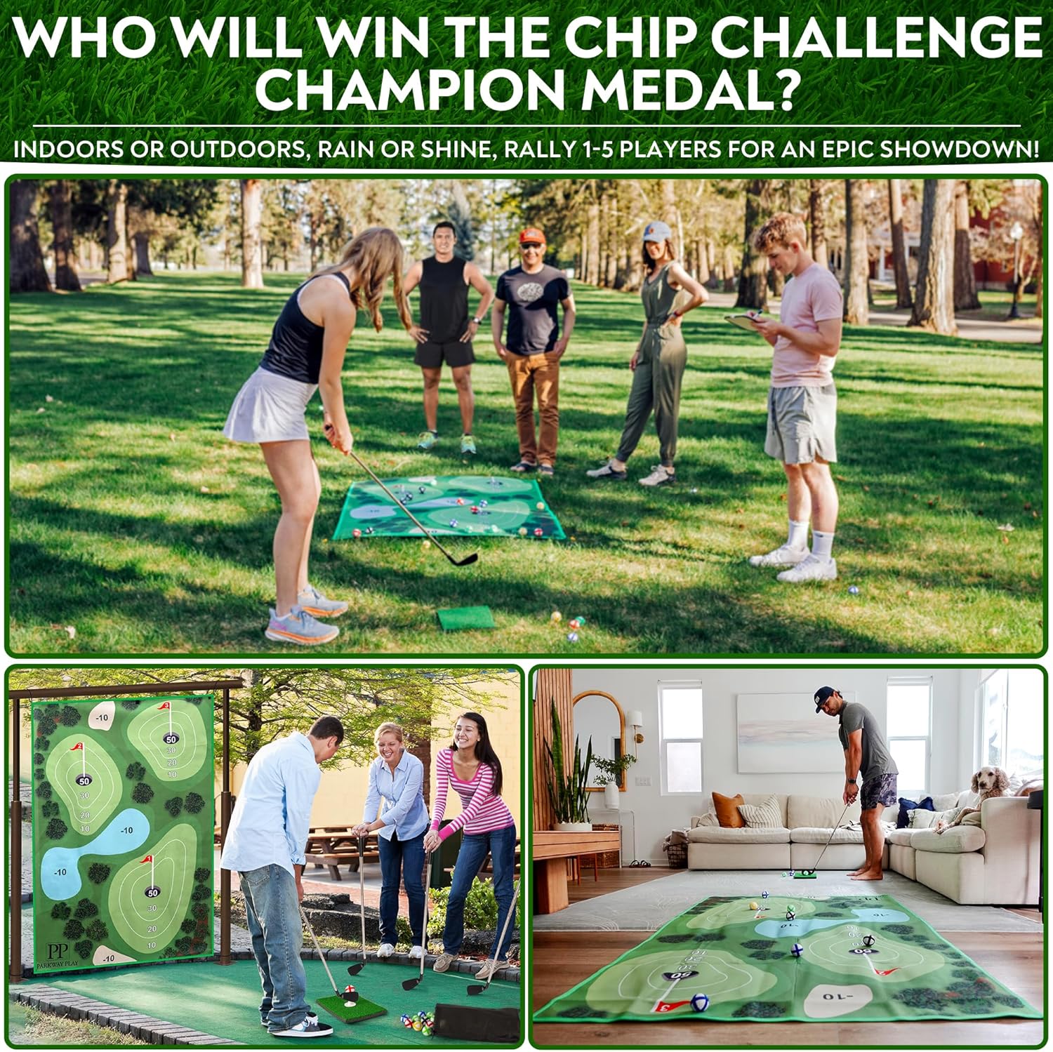 Parkway Home Golf Chipping Mat with Adjustable Golf Club - 48 Piece Outdoor Indoor Golf Game for 1-5 Players - Giant Turf Hitting Mat with Tee, 25 Sticky Balls, Travel Bag for Golfers for All Ages