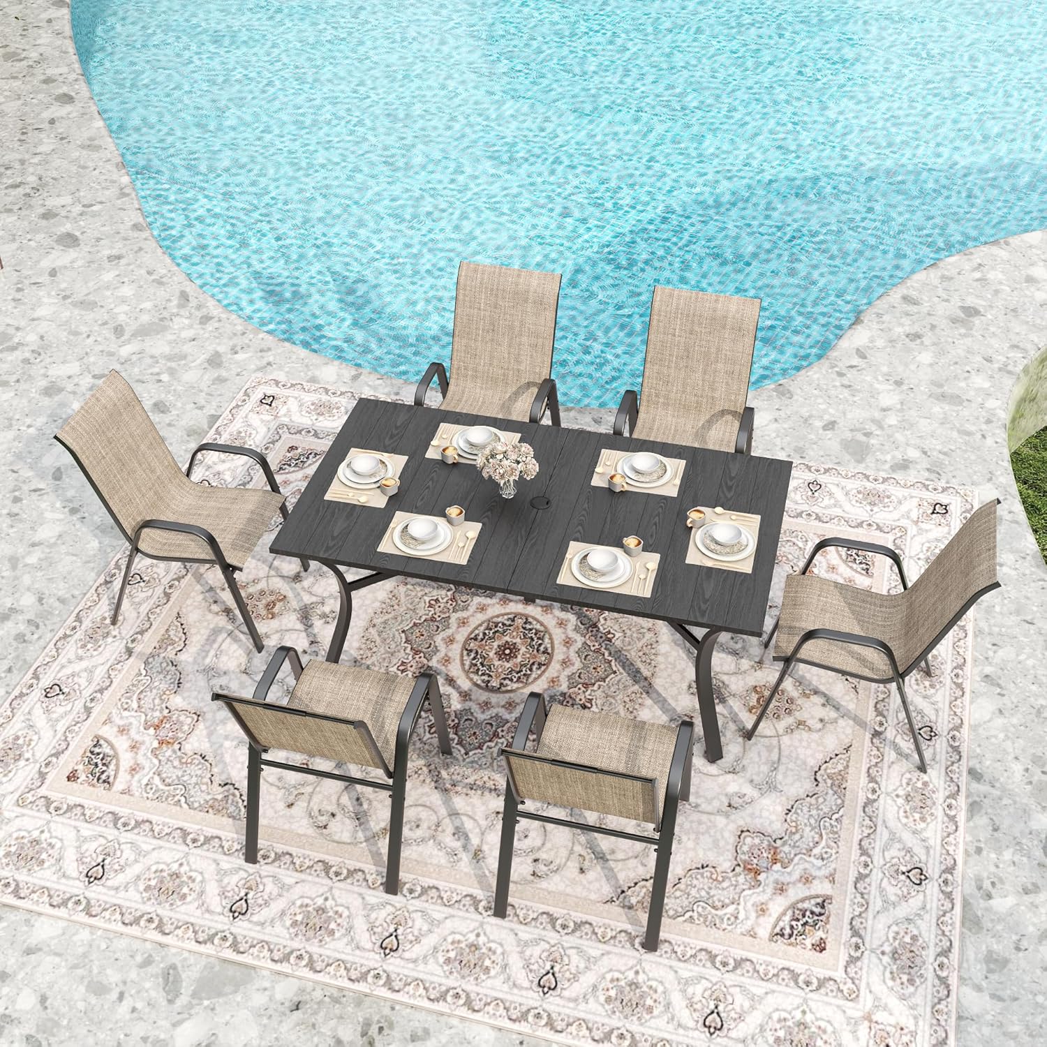 7-Piece Outdoor Patio Dining Set with Rectangular Wood-Grain Metal Table with Umbrella Hole and 6 Ergonomic Chairs,for Patio, Garden, Balcony (Brown-PD)