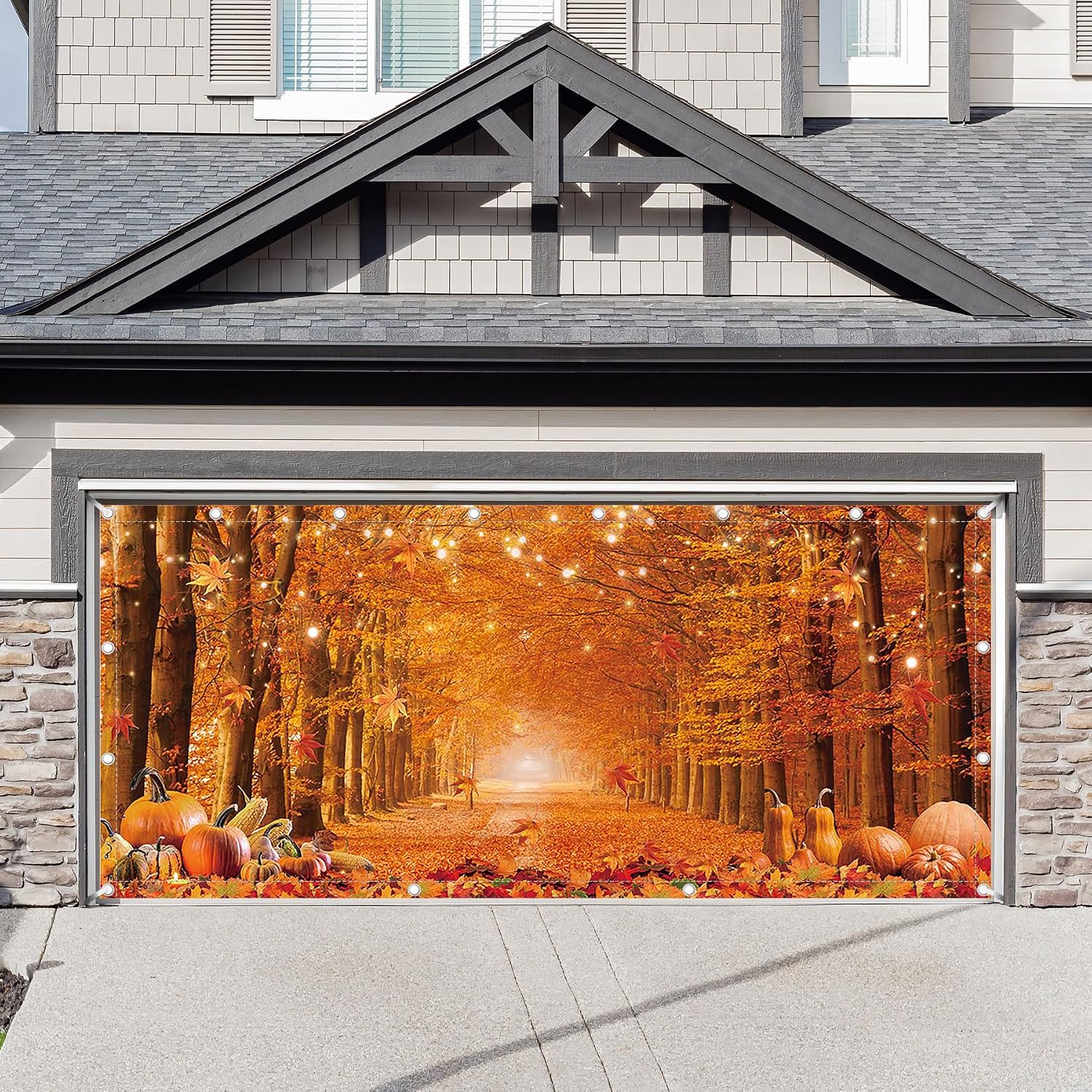 1PC 16x7ft Fall Garage Door Banner Decorations Thanksgiving Autumn Pumpkin Maple Leaves Photography Backdrop Home Outdoor Wall Hanging Cover Harvest Party Supplies