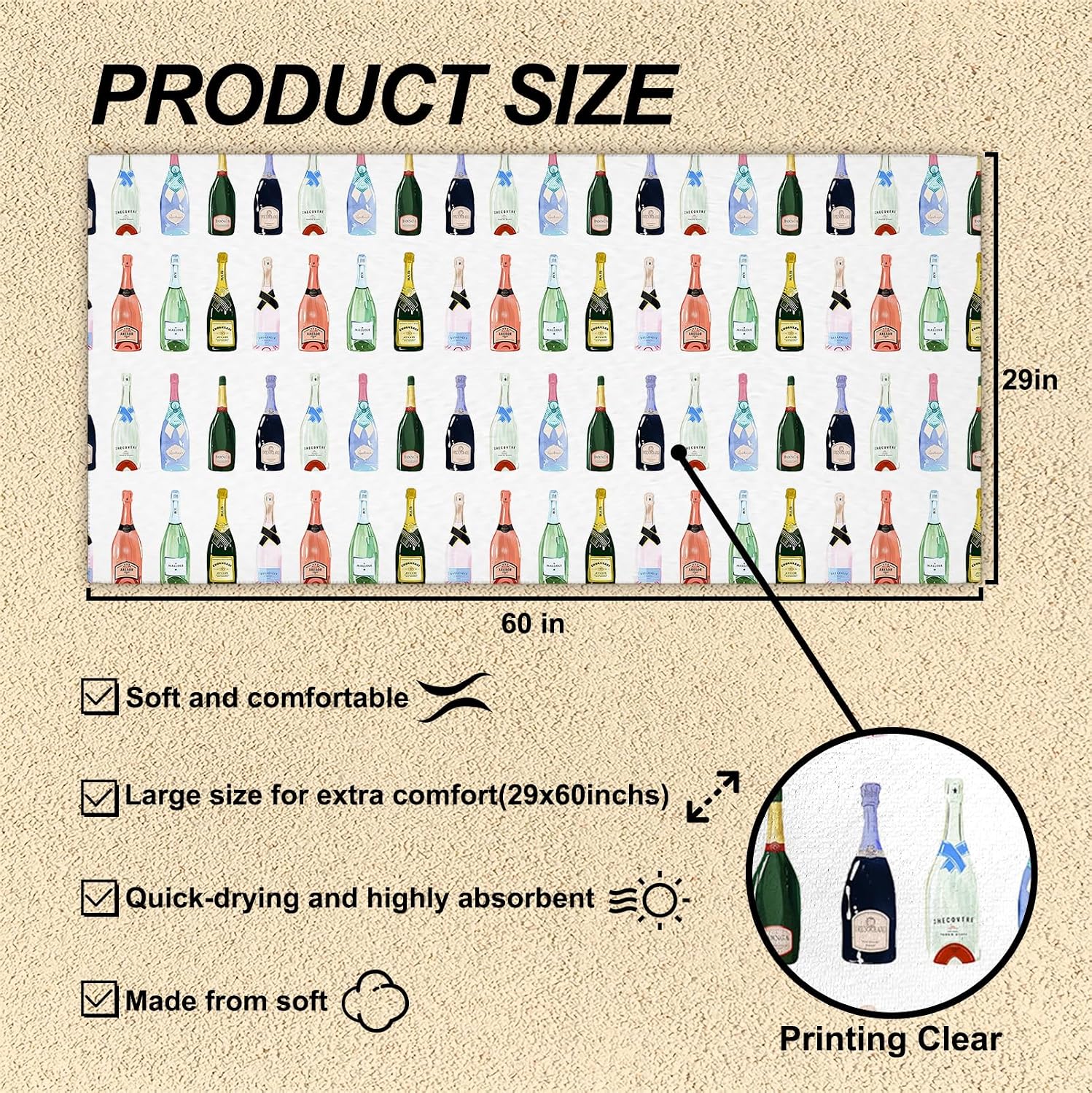 Preppy Beach Towel, Wine Lovers Gifts for Women Pool Towels, Trendy Champagne Wine Bottles Sand Towel Large Bath Towels Gifts for Bachelorette Party, Cocktail Bathroom Bar Decor, 30x60in