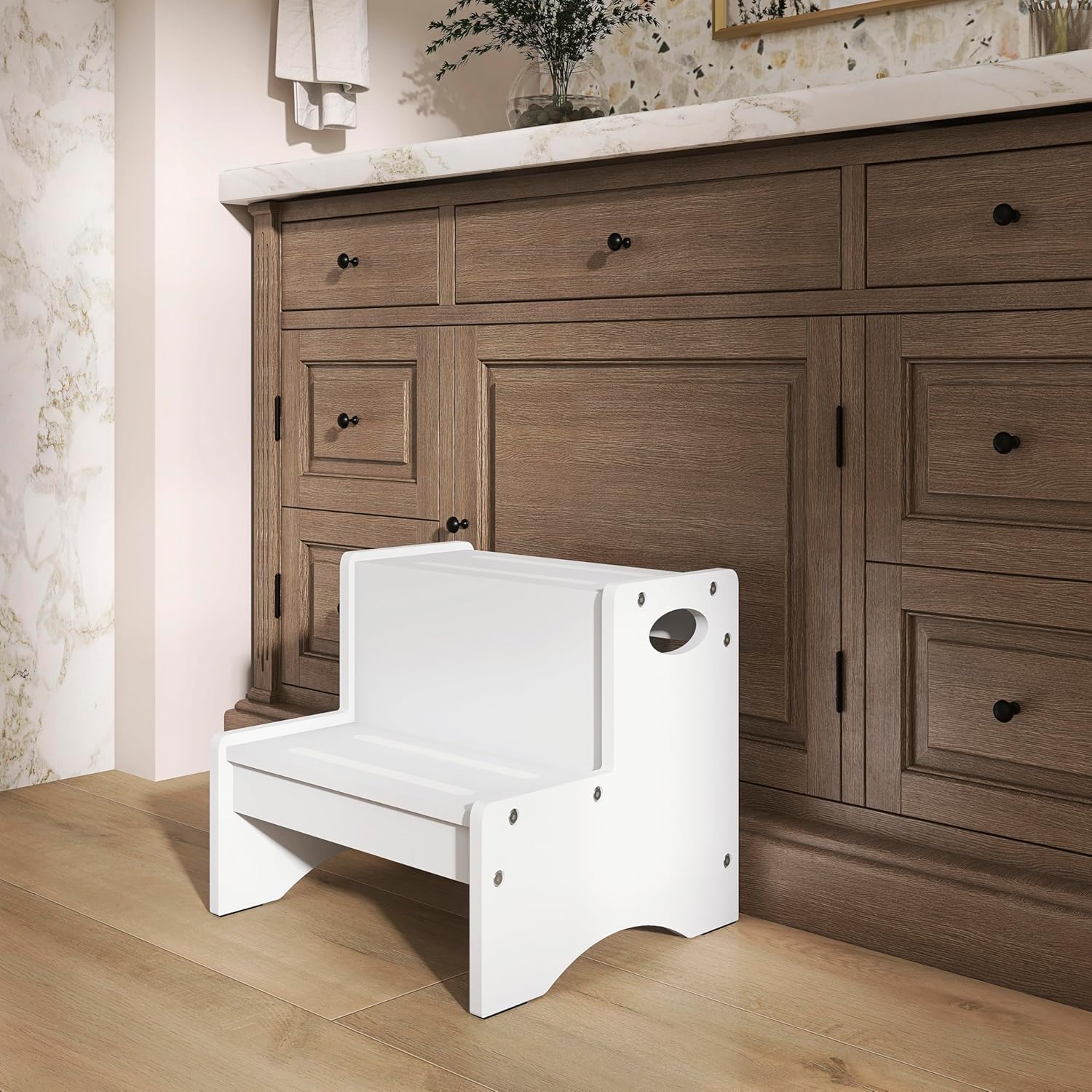 Dream On Me Little Steps Step Stool in White – Solid New Zealand Pinewood Kids Step Stool with Safety Rails & Anti-Slip Base, Multipurpose for Kitchen, Bathroom & More, Baby-Safe Non-Toxic Finish