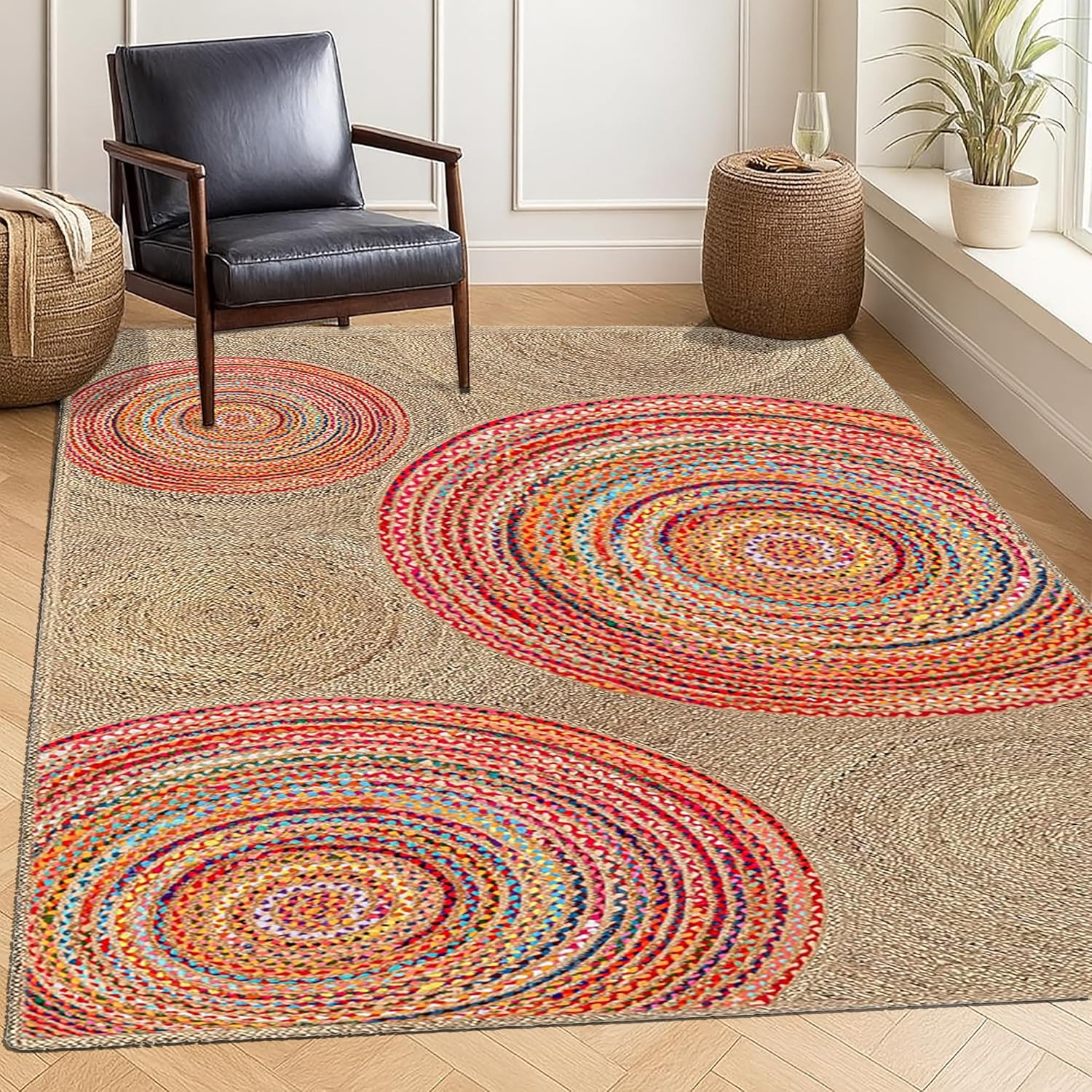 Premium Quality Jute Rug 12x15 Feet Area Rug Natural Fiber Jute Rugs Thick 0.27" Geometric Multi-Color Chindi Rugs for Living Room Kids Room Home/Office Decor Carpet