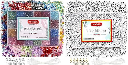 Incraftables Cuentas de vidrio agrietado, 24 colores, 1100 cuentas redondas de 0.236 pulgadas y 1200 cuentas de letras redondas para fabricación de