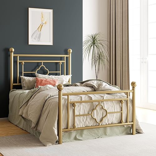 Miniatura 3 de HOOMIC Base de cama de plataforma metálica de tamaño individual de 14 pulgadas con estilo victoriano vintage, cabecera y estribo de hierro