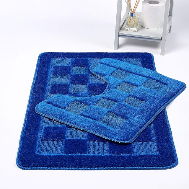 Night Zone Squares 2 Piece Bath Mat & Pedestal Set Non Slip Extra Absorbent Bathroom Toilet Rug Bath Mats Set (Royal Blue)