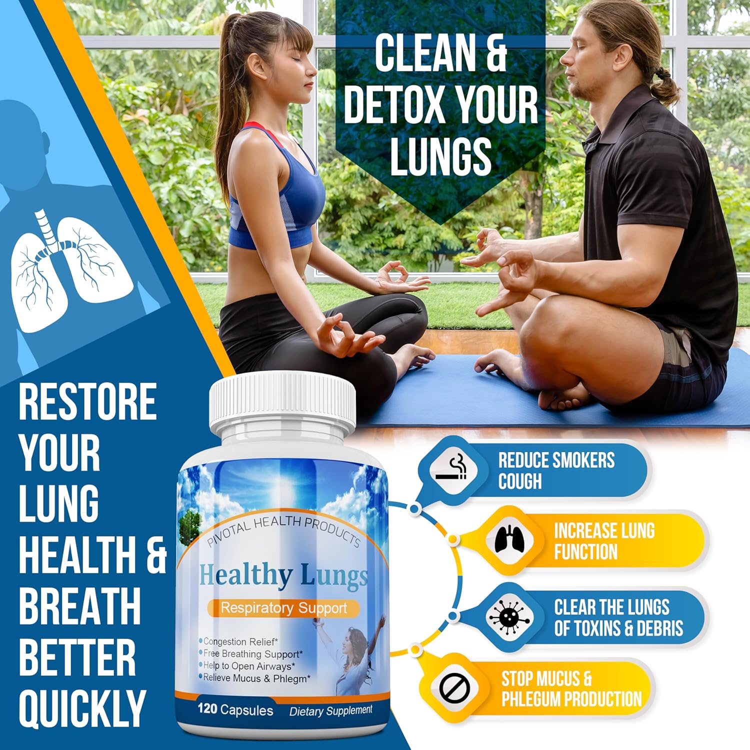 Healthy Lungs 120 Capsules - Improve Lung Function, Breathe Better, Stop Mucus, Phlegm and Allergies Quickly. Get Relief Fast with Healthy Lungs an All Natural Lung Health Supplement