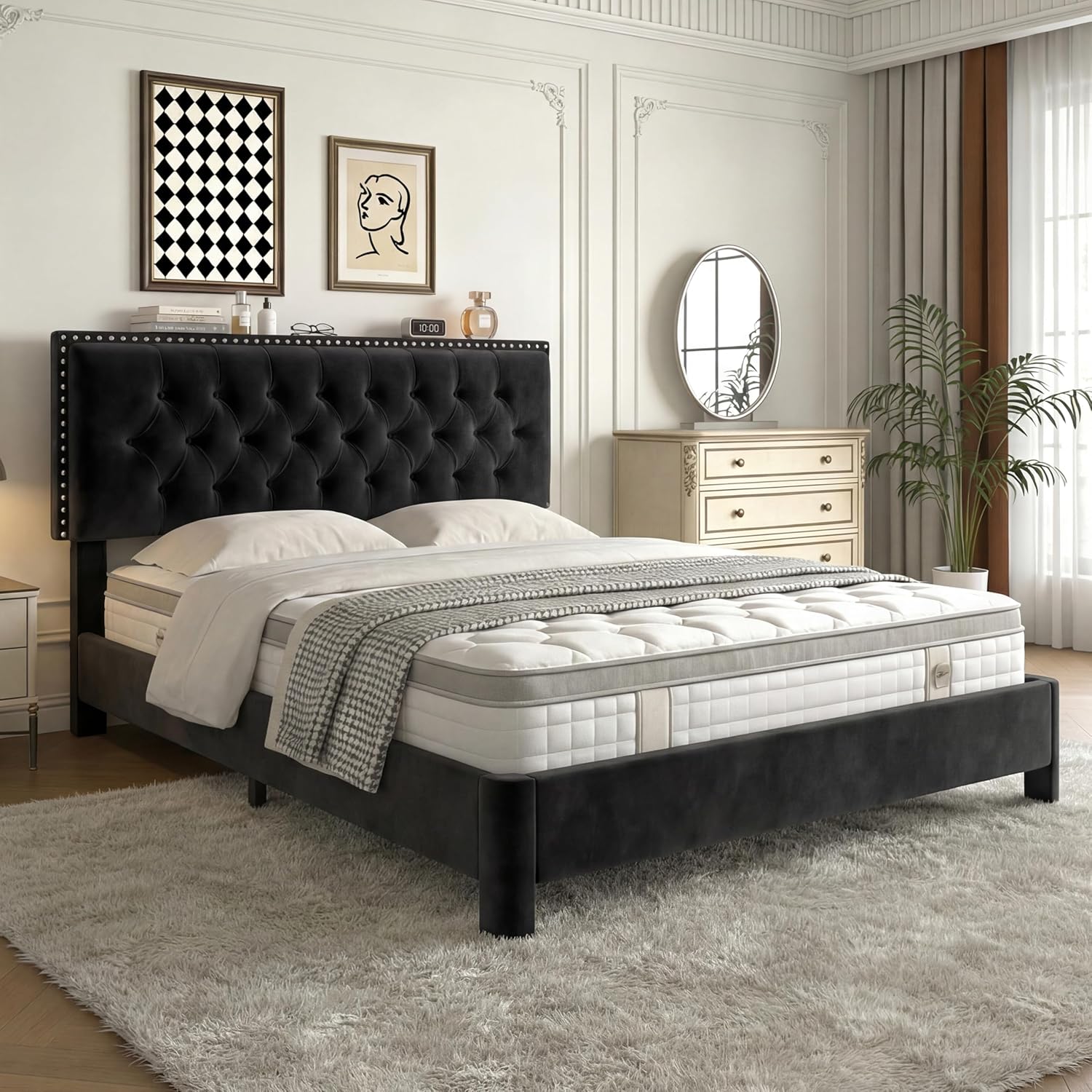 Vipbear Queen Bed Frame, Velvet Fabric Upholstered Platform Bed with Rivet- Button Tufted Headboard, Wooden Slats Support, Noise Free, Easy Assembly, Adjustable Headboard, No Box Spring Needed, Black | Plush velvet, Varied fit, Velero Design, Rounded legs