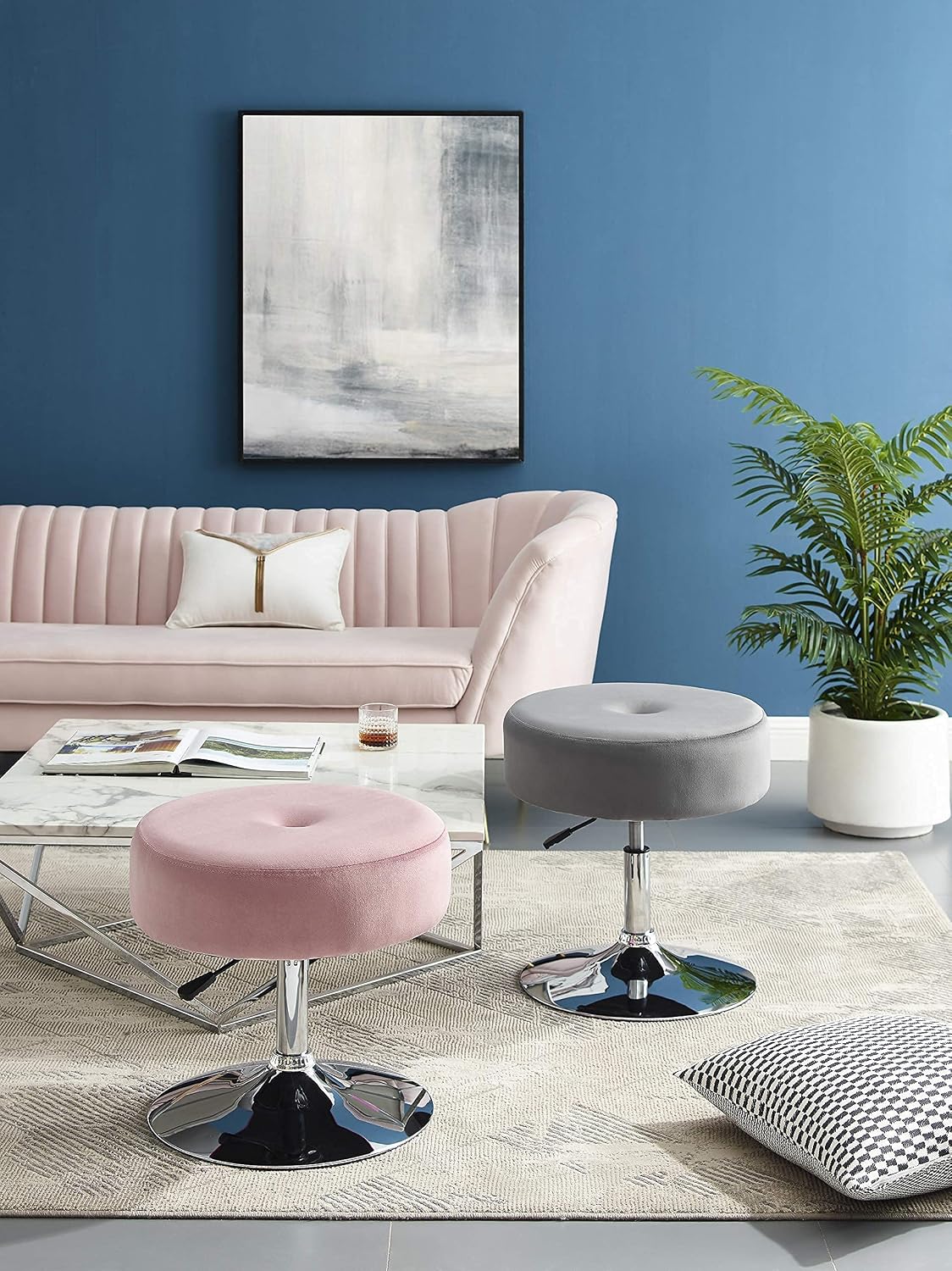 Art Leon Vanity Stool, Modern Large Round Swivel Adjustable Makeup Vanity Benche and Stool for Bathroom Bedroom, Blush Pink