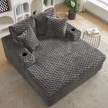 60" Oversized Chaise Lounge Chair Indoor, Chenille Upholstered Sleeper Sofa with Cup Holder & USB Port, Cloud Chairs Sleeper Couches with Throw Pillows & Wide Arms for Living Room, Bedroom, DarkGrey