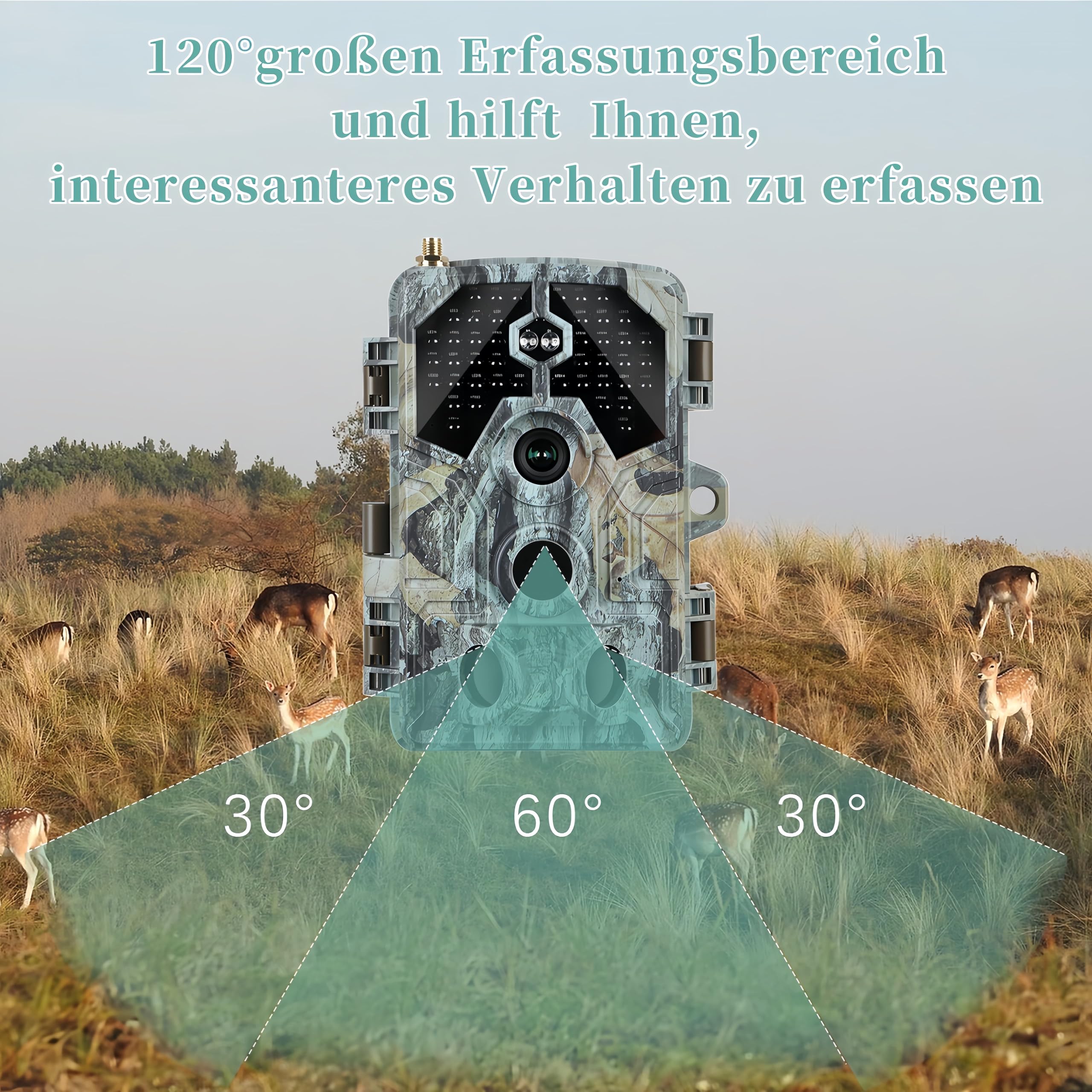 Wildkamera 64MP 4K Nachtsichtkamera mit WLAN & Bluetooth, Bewegungsmeldung für Jagd, Wald, Überwachung und Forschung, Video mit Tonaufnahme, Passwort Schutz, IP66 Wasserdicht, 120° Weitwinkel
