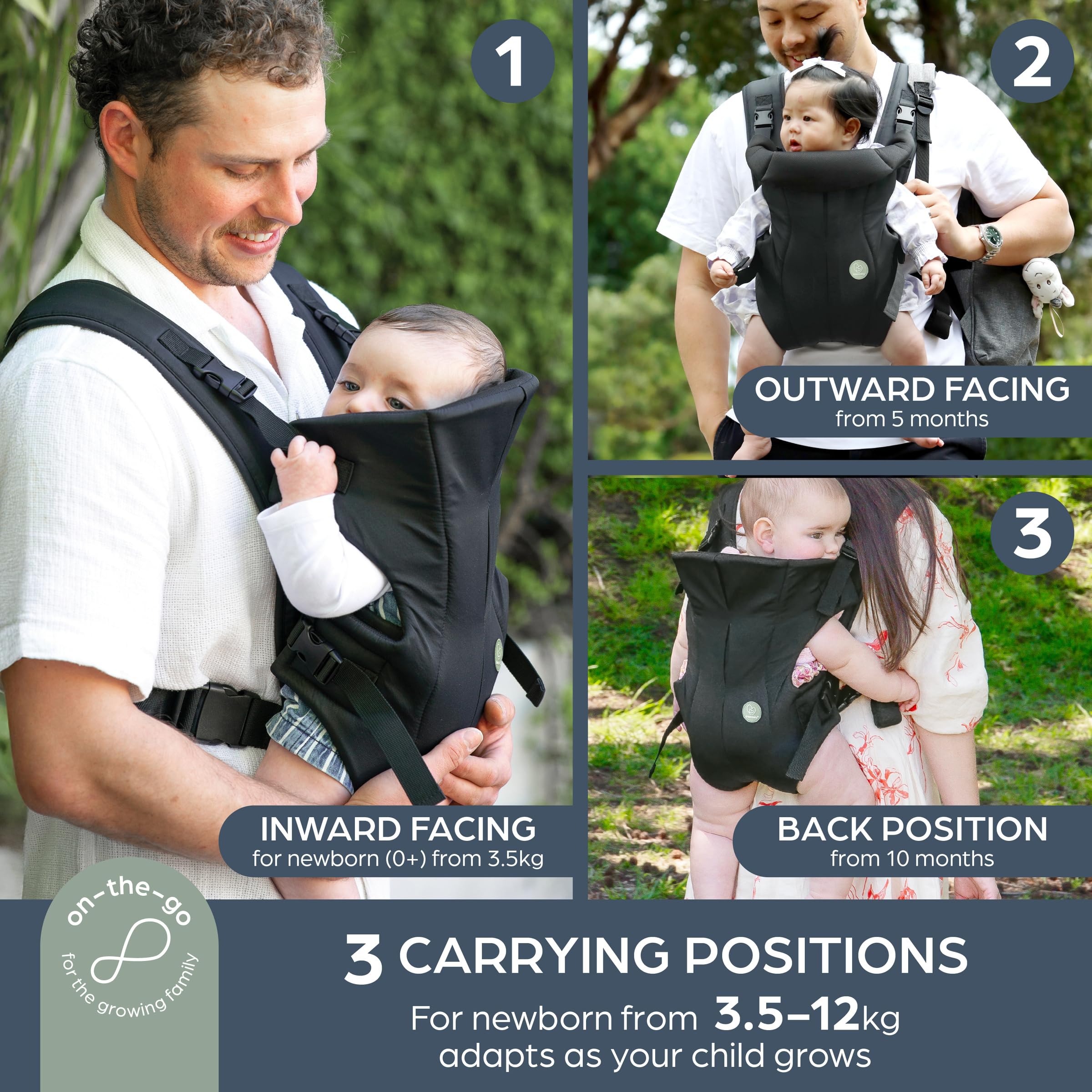 Dreambaby On-The-Move - Marsupio 3 in 1 per neonati e bambini, anteriore interno, anteriore verso l'esterno e posteriore, leggero, traspirante, regolabile, per neonati e bambini, 3,5-12 kg, design