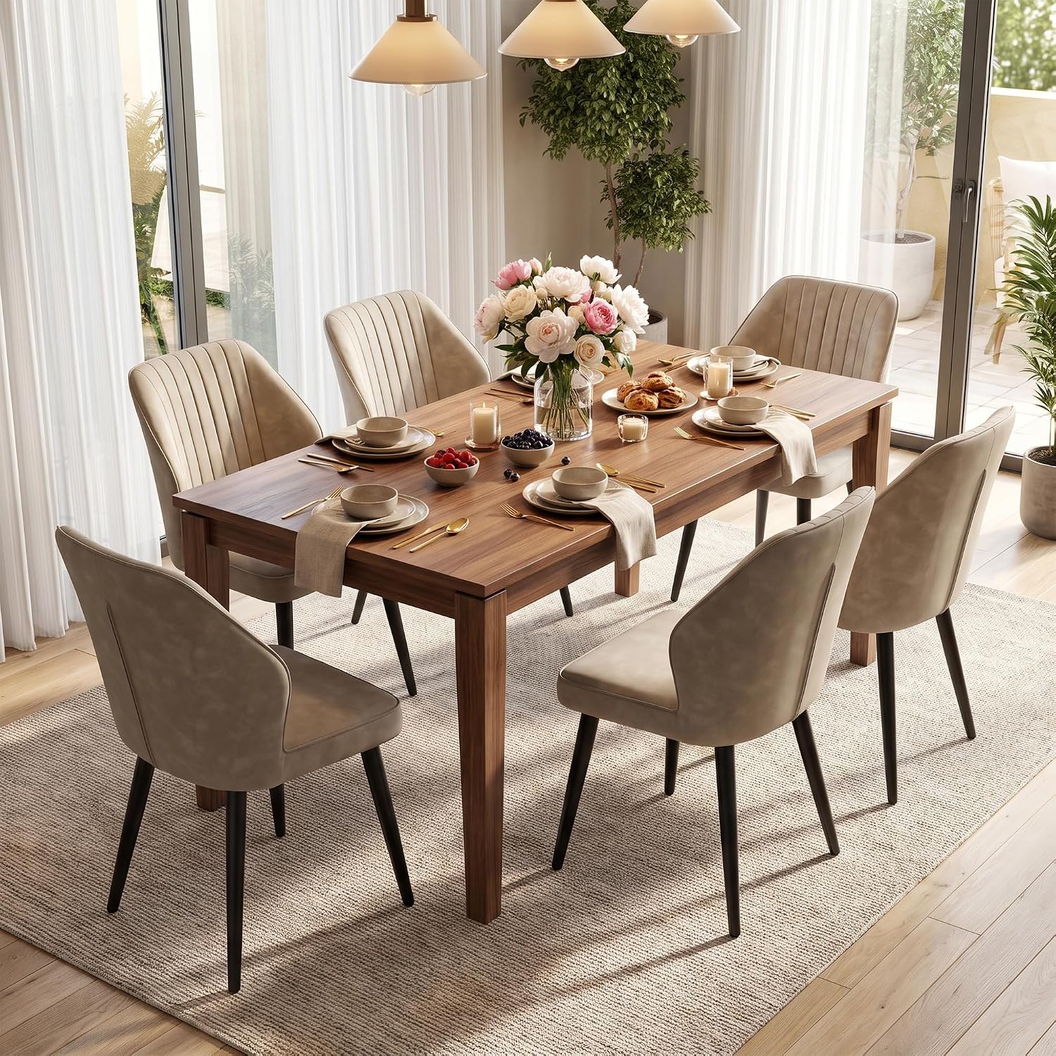 CLIPOP Faux Leather Dining Chairs Set of 6, Leather Dining Chairs, Mid-Century Modern Dining Room Chairs, Upholstered Kitchen Chairs with Metal Legs, Leisure Chair for Guest Reception Room - Beige