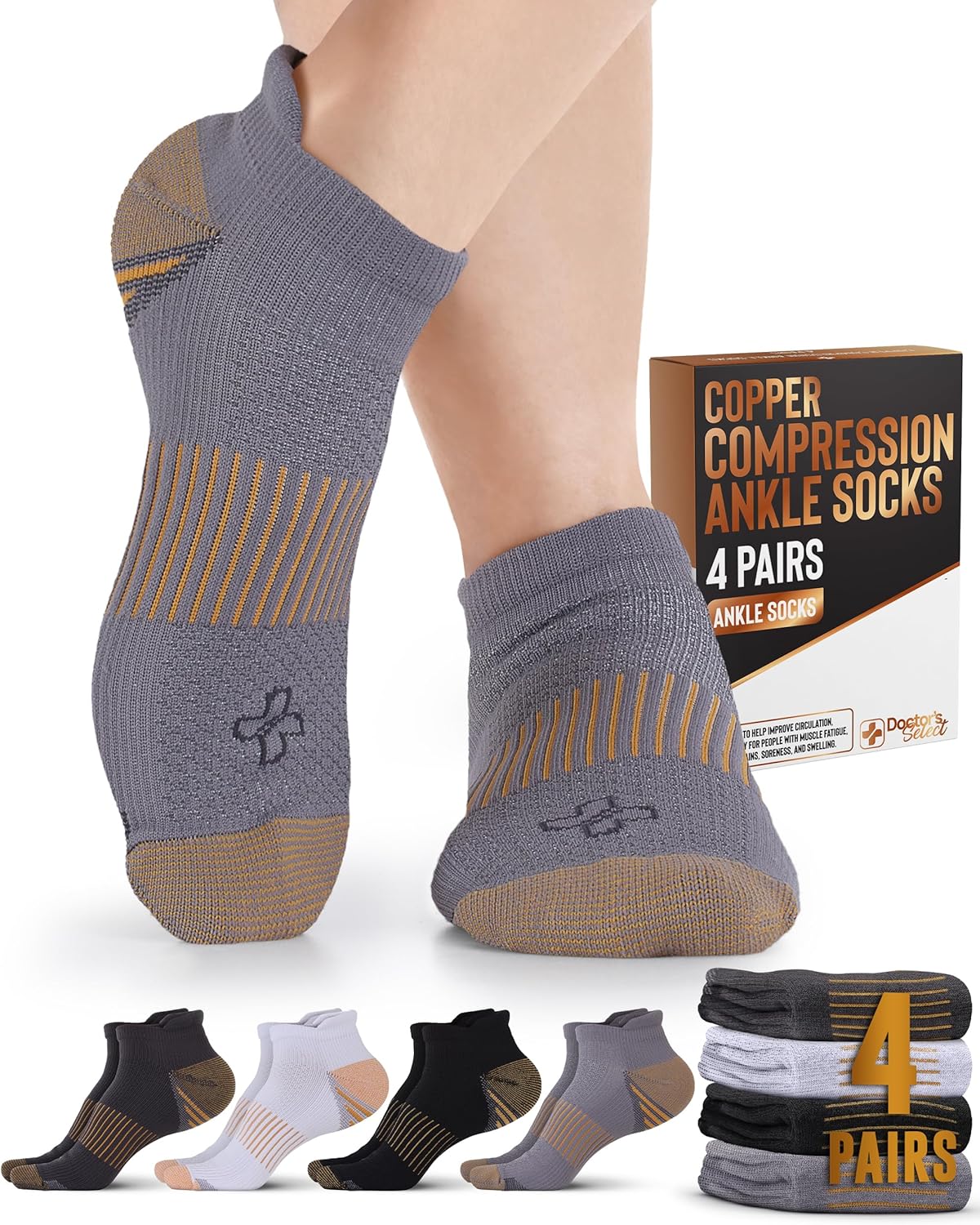 Doctor's Select Copper Ankle Compression Socks for Women and Men - 4 Pairs | Athletic Running Plantar Fasciitis Socks