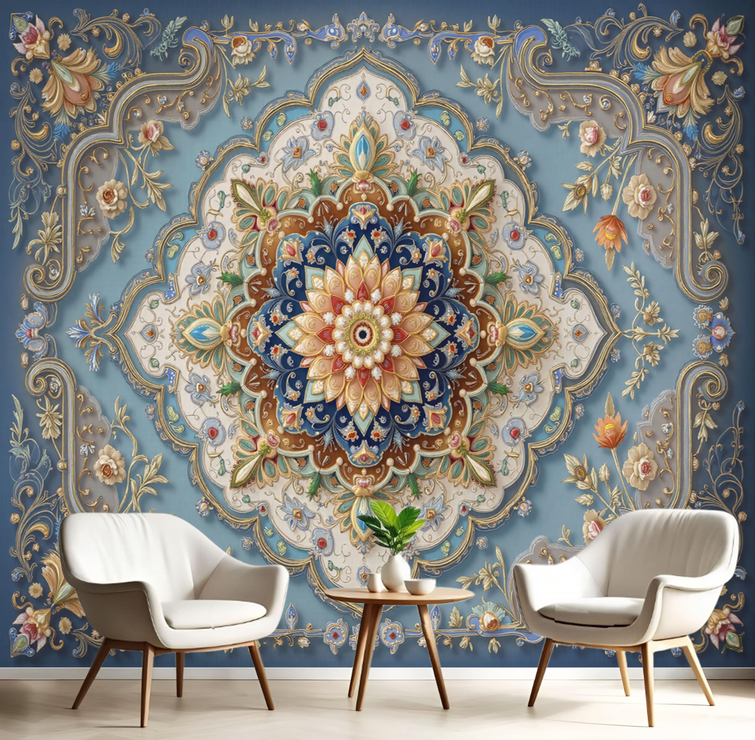 Fleurs persanes papier peint panoramique mandala pour une chambre apaisante