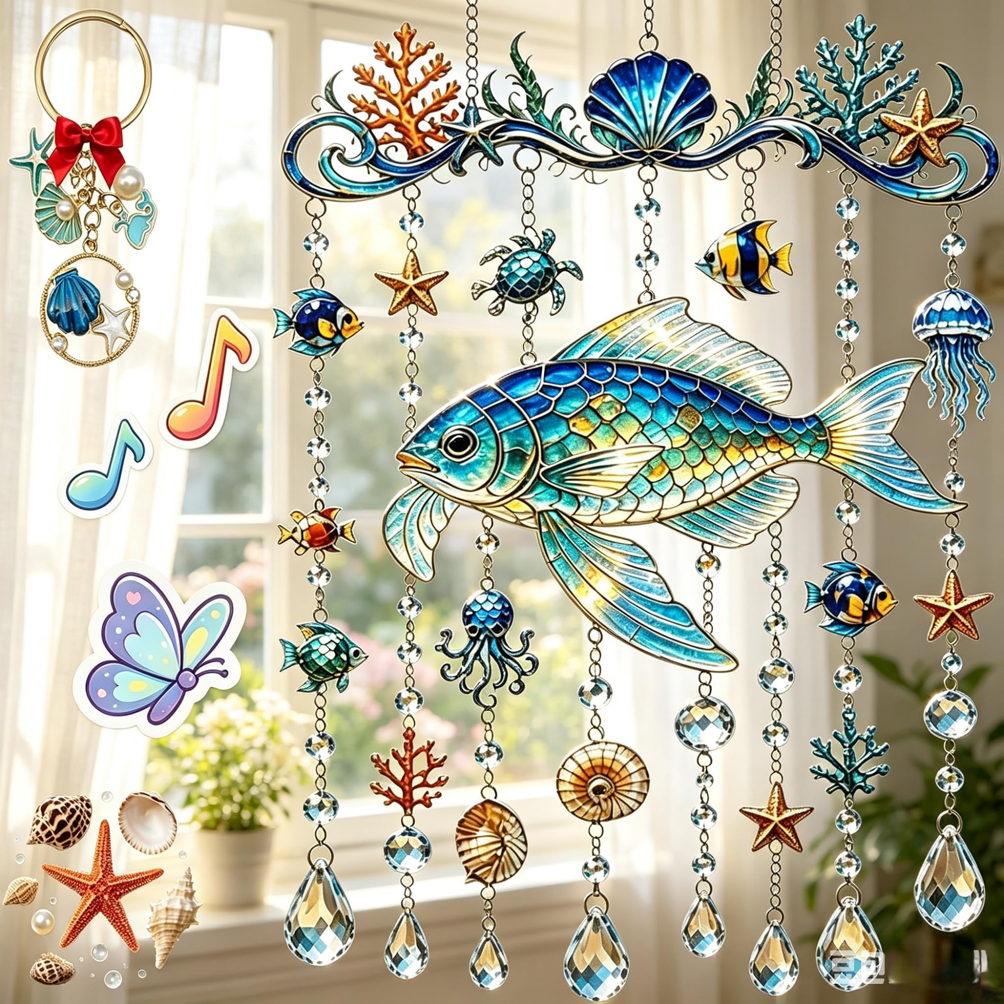 Hanging Ocean Themed Crystal Wind Chime, Stained Acrylic Turtle Wind Chimes