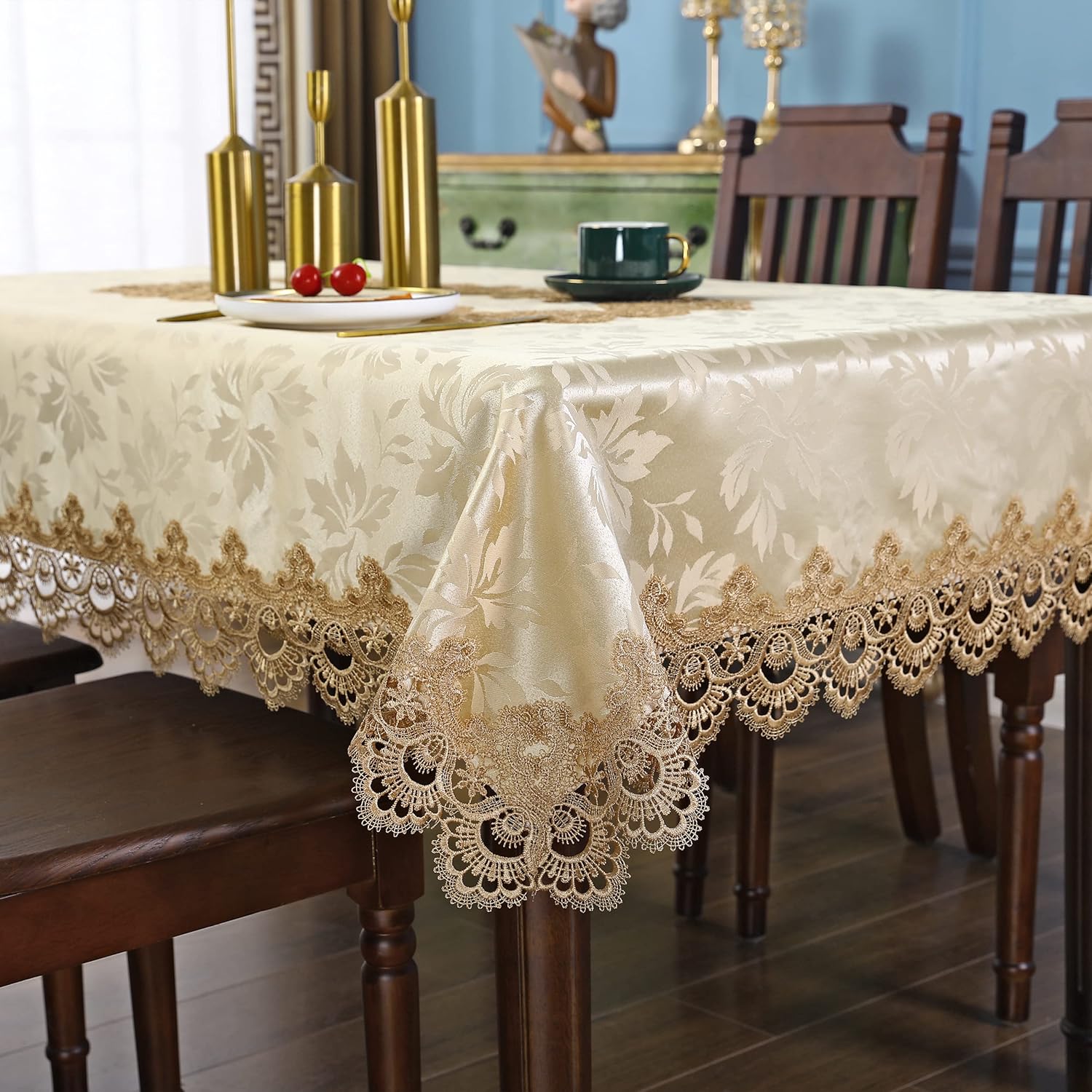 Jacquard Gold Lace Tablecloth Rectangle Embroidery Table Cover Kitchen Dining Room Tabletop Decorations for Rectangular Table 60x84 inch