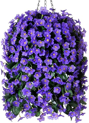 Canasta colgante de plantas y flores artificiales para exteriores, enredaderas de orquídea púrpura de seda artificial, resistentes a los rayos UV,