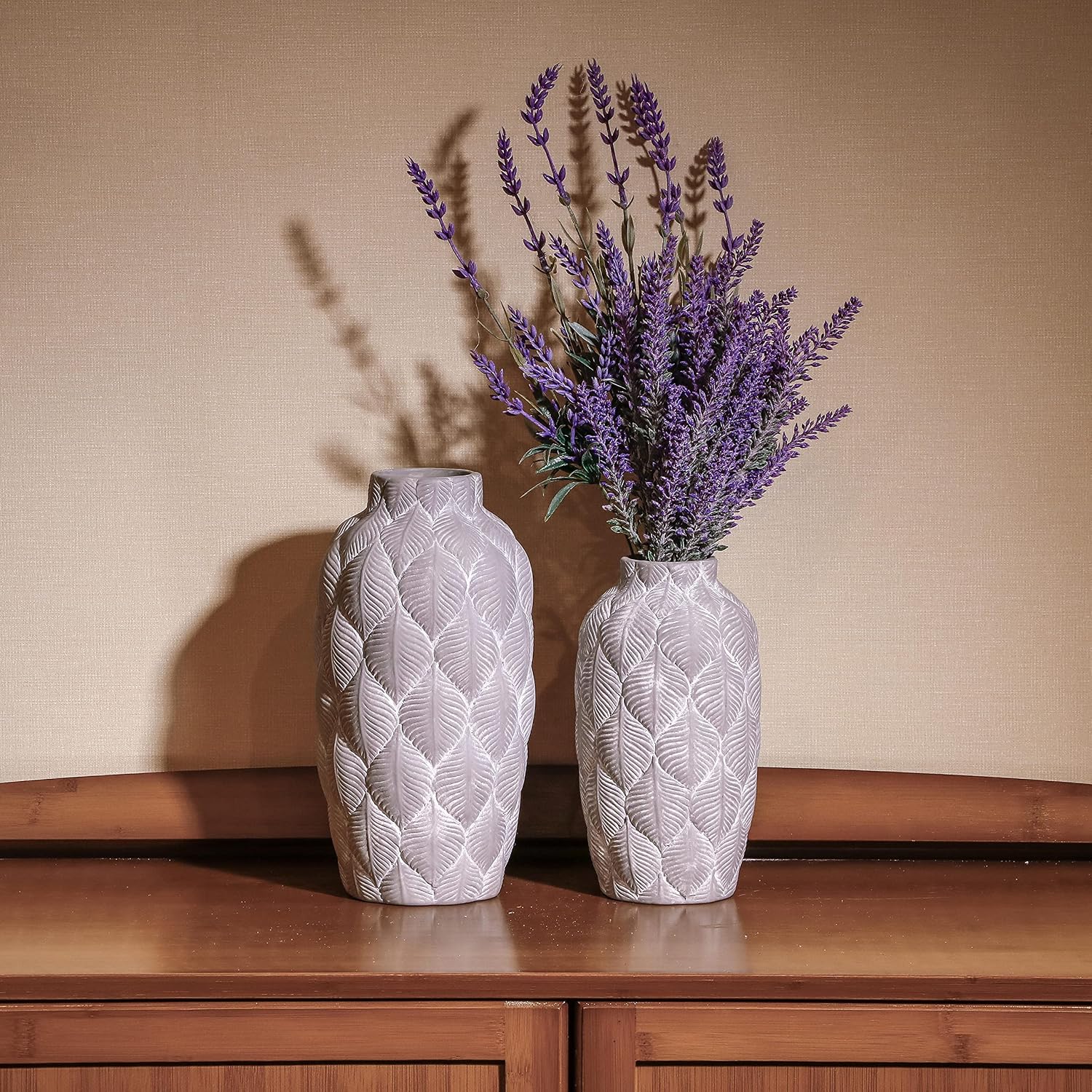 TERESA'S COLLECTIONS Rustic Ceramic Vase for Home Decor, Farmhouse Grey and White Decorative Vases Set with Leaves Pattern for Table, Shelf, Living Room Decoration 10 inch, Set of 2