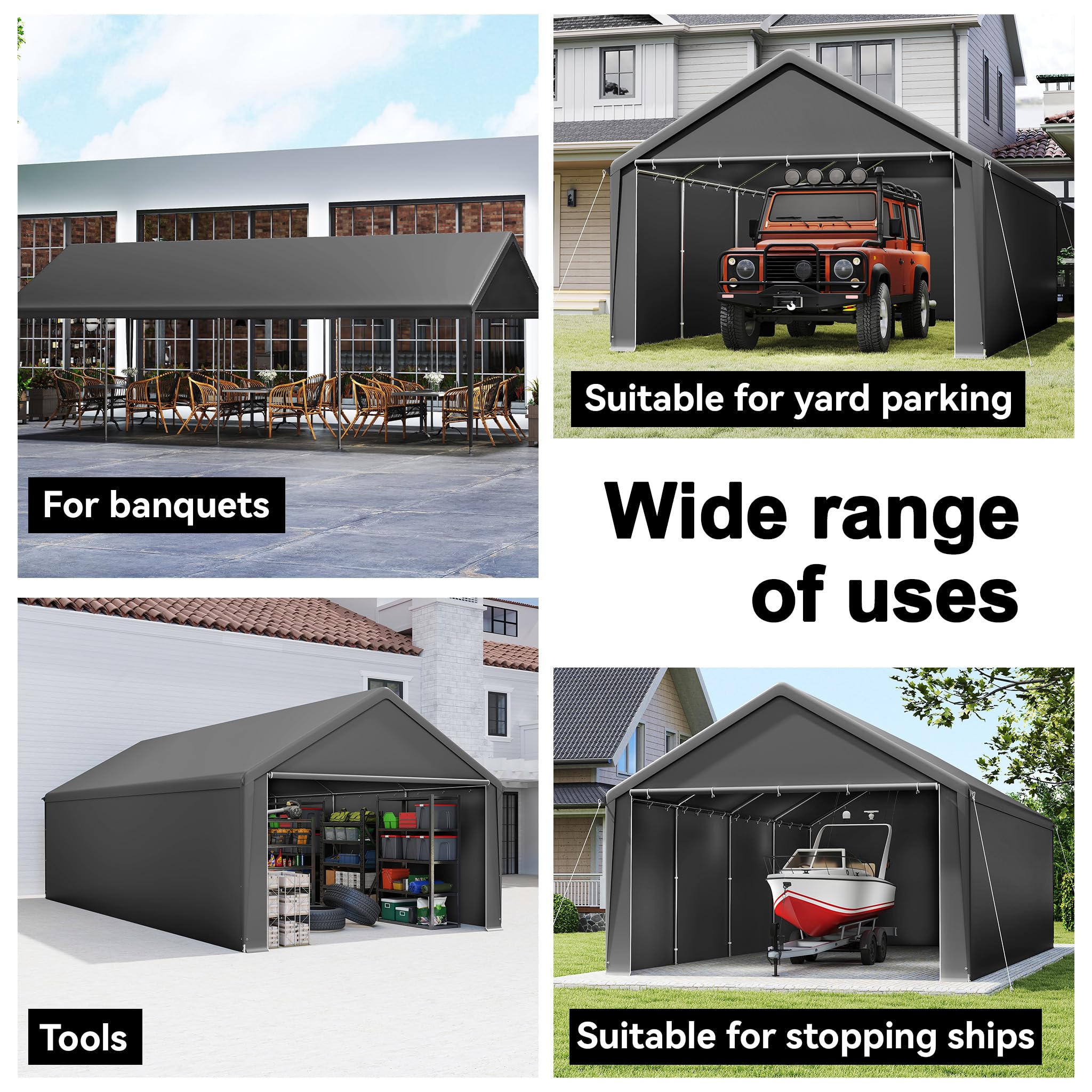 LZQ Tenda da magazzino, 4 x 8 m, tenda per attrezzature, casetta degli attrezzi e garage con robusto telo in polietilene, resistente alle intemperie, con rinforzo sul tetto e telaio per attrezzi