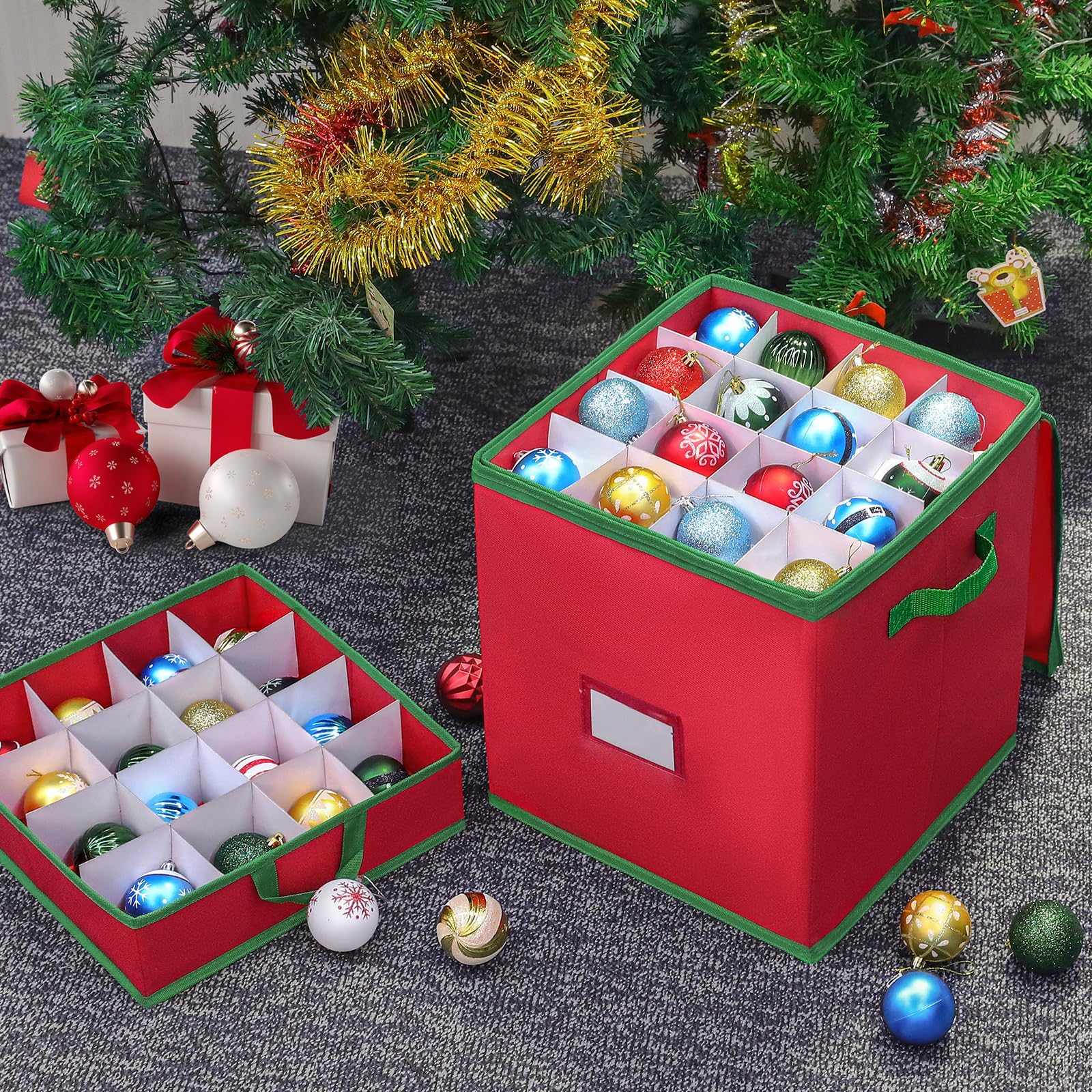 Christmas Ornament Storage Box With 4 Adjustable Trays - Holds 64-128 Decorations, 13.38" Cube