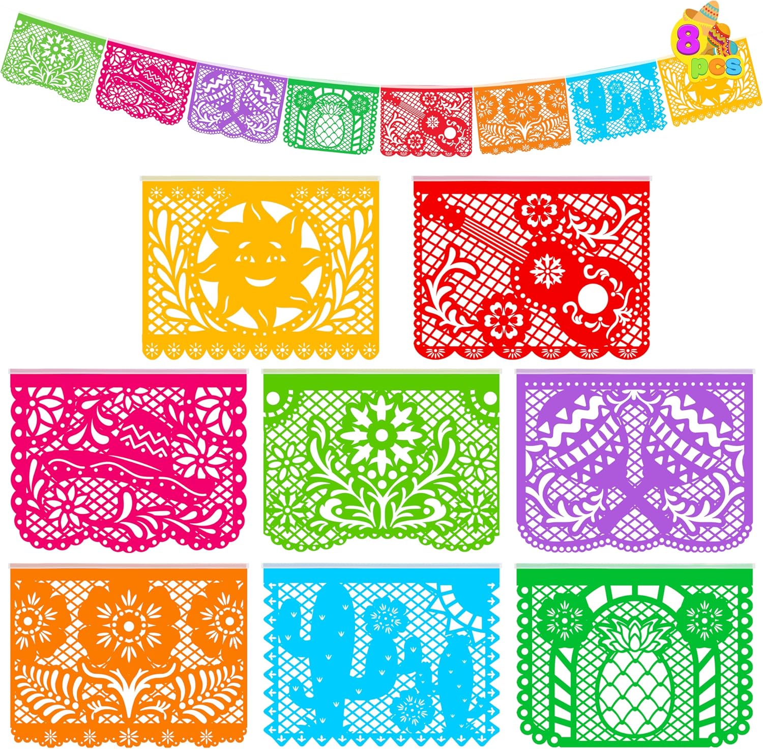 JOYIN Mexican 18 Feet Party Banner, Plastic Fiesta Banner with 8 Multicolor Plastic Flags per Banner Cinco de Mayo Decor Day of The Dead Papel Picado Decorations, Garland for Mexican Party Supplies
