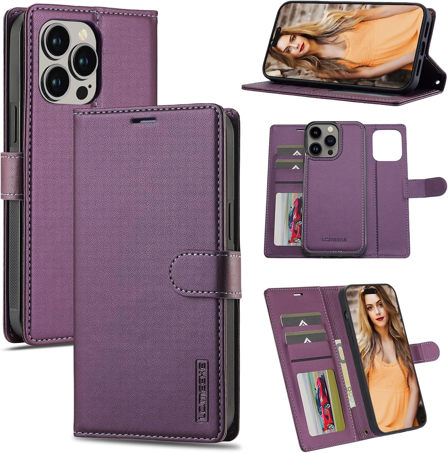 Smartphone Flip Cases Detachable Case For iPhone 13 Pro Wallet Case with Card Holder Premium PU Leather Magnetic Case with Kickstand Shockproof Wrist Strap Removable Flip Protective Cover(Purple)