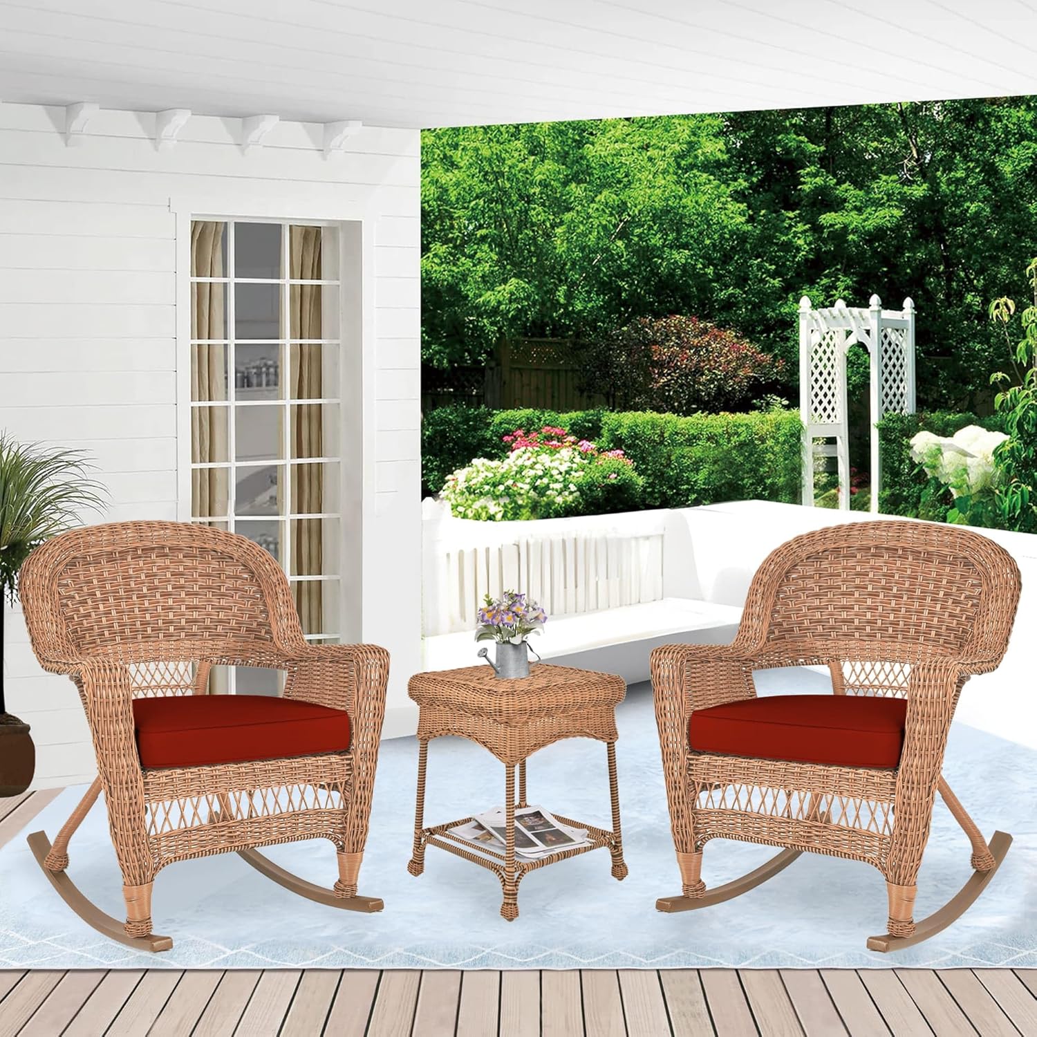Jeco 3pc Wicker Rocker Chair Set in Honey with Red Cushion