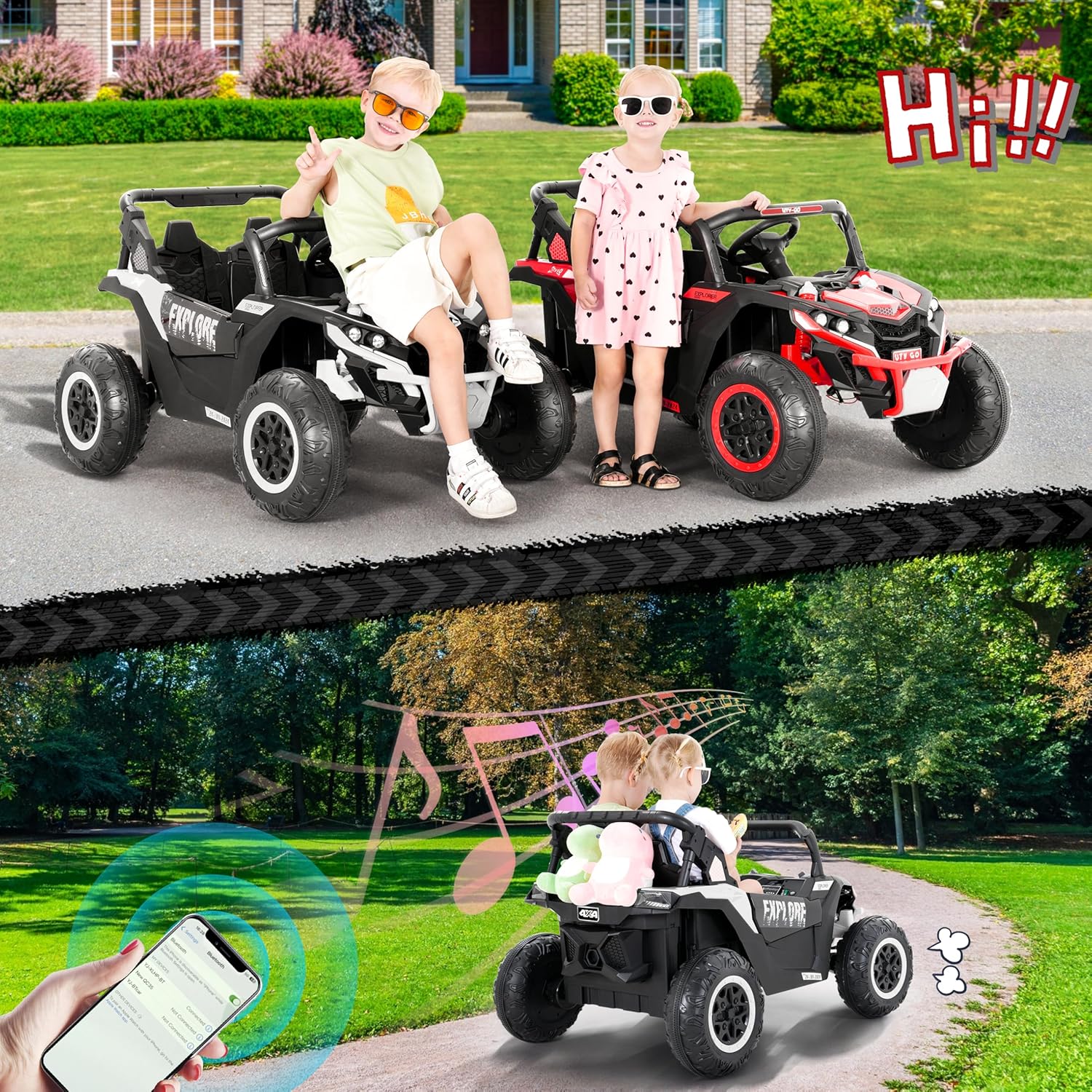 Image showing children enjoying the ride-on car with music playing, highlighting the entertainment features.