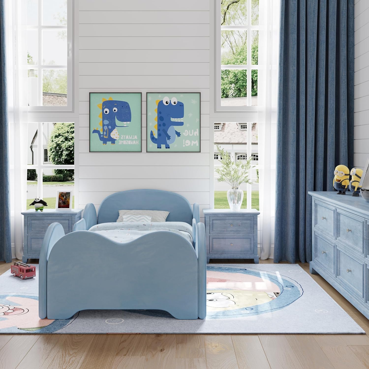 Toddler Bed, Toddler Flood Bed with Extra Safety Broad, Standard Crib Size for Kids, Certified Fabric Beds, Low to Floor Design (Blue)