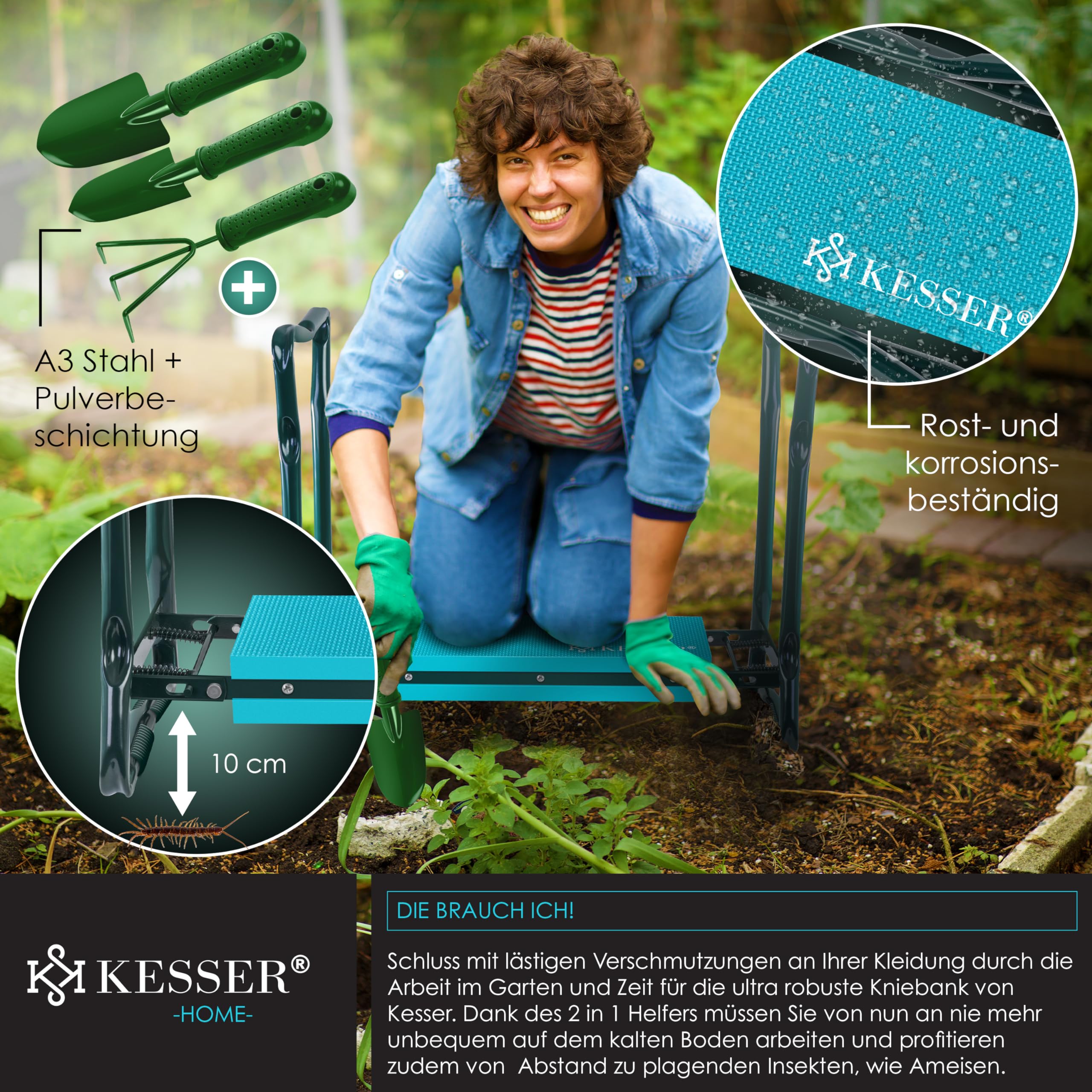 KESSER® 2 in 1 XXL Kniebank für Gartenarbeit Gepolstert Sitzunterlage Eva-Schaumkissen Gartenhocker Klappbar | 2X Werkzeugtasche Handschuhe Gartenkelle & Rechen | Gartenbank 60x50x27cm bis 150 kg