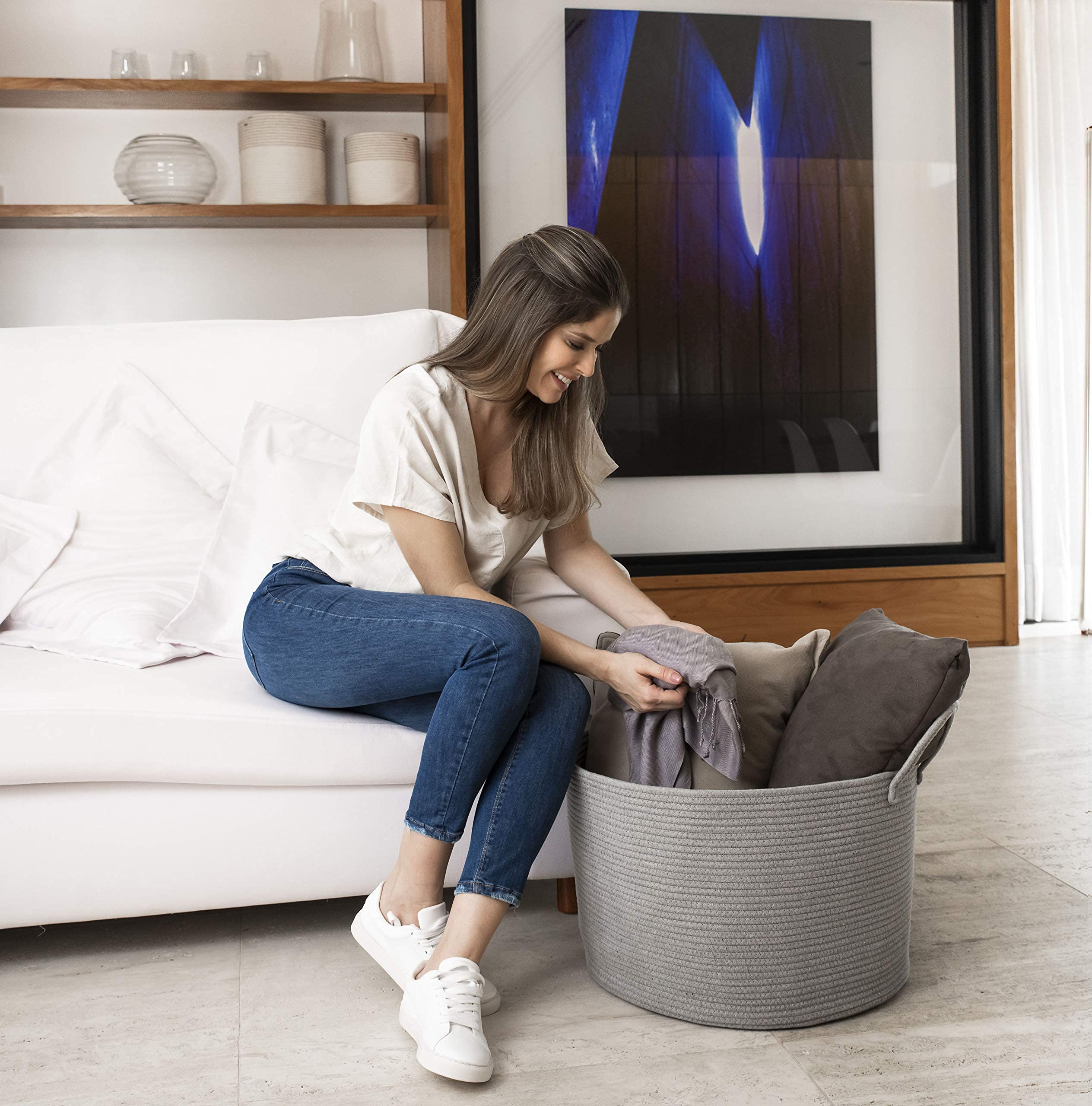 OrganiHaus Cesta Portabiancheria Bambini | Porta Giochi Bambini Grande | Portaoggetti | per Coperte da Salotto | in Corda di Cotone - Grigio 33x50 cm