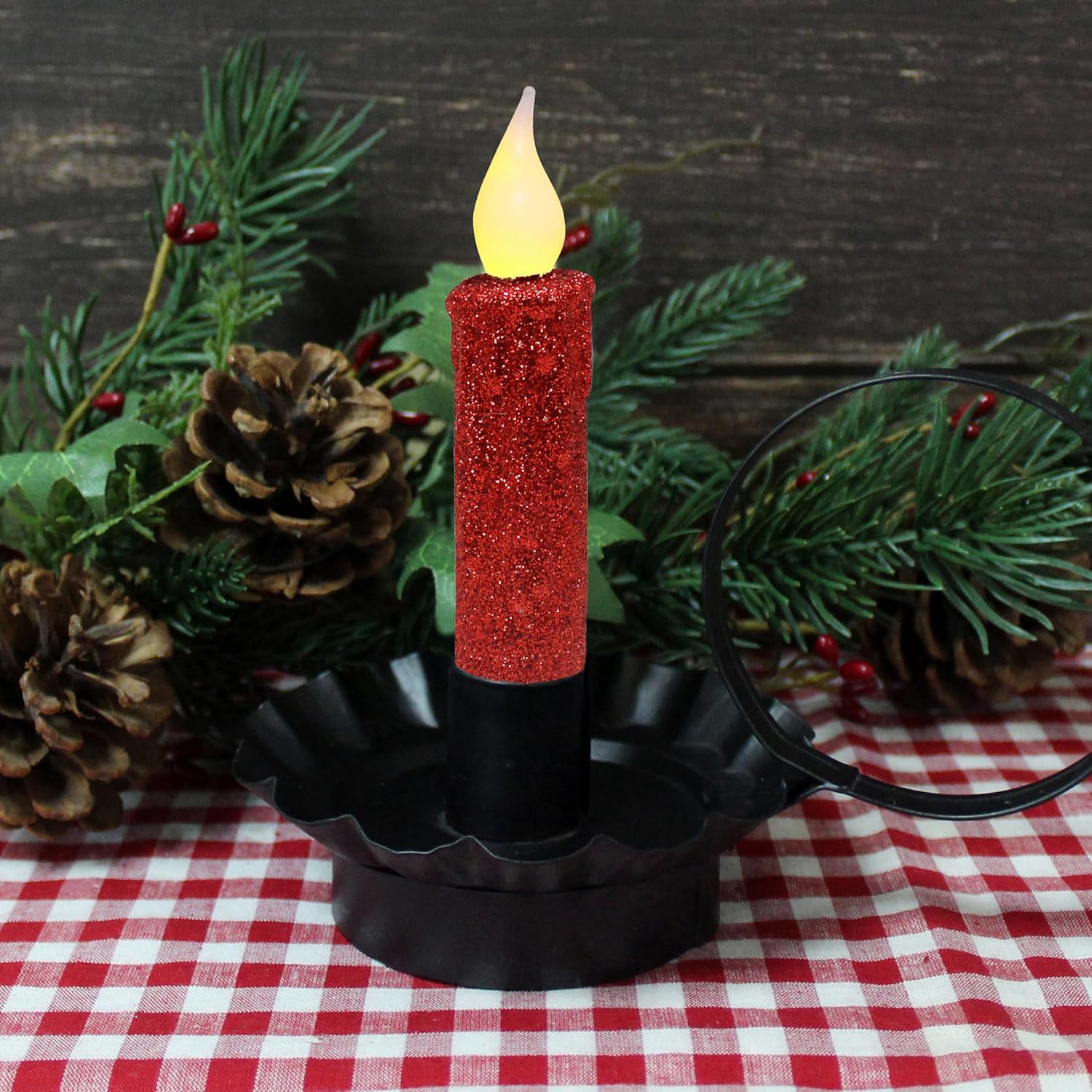 CVHOMEDECO. Glitter Flameless Candles Flickering Battery Operated LED Taper Candles with Timer for Home, Wedding, Halloween, Christmas Decor. Red, 4-3/4 Inch, Set of 6