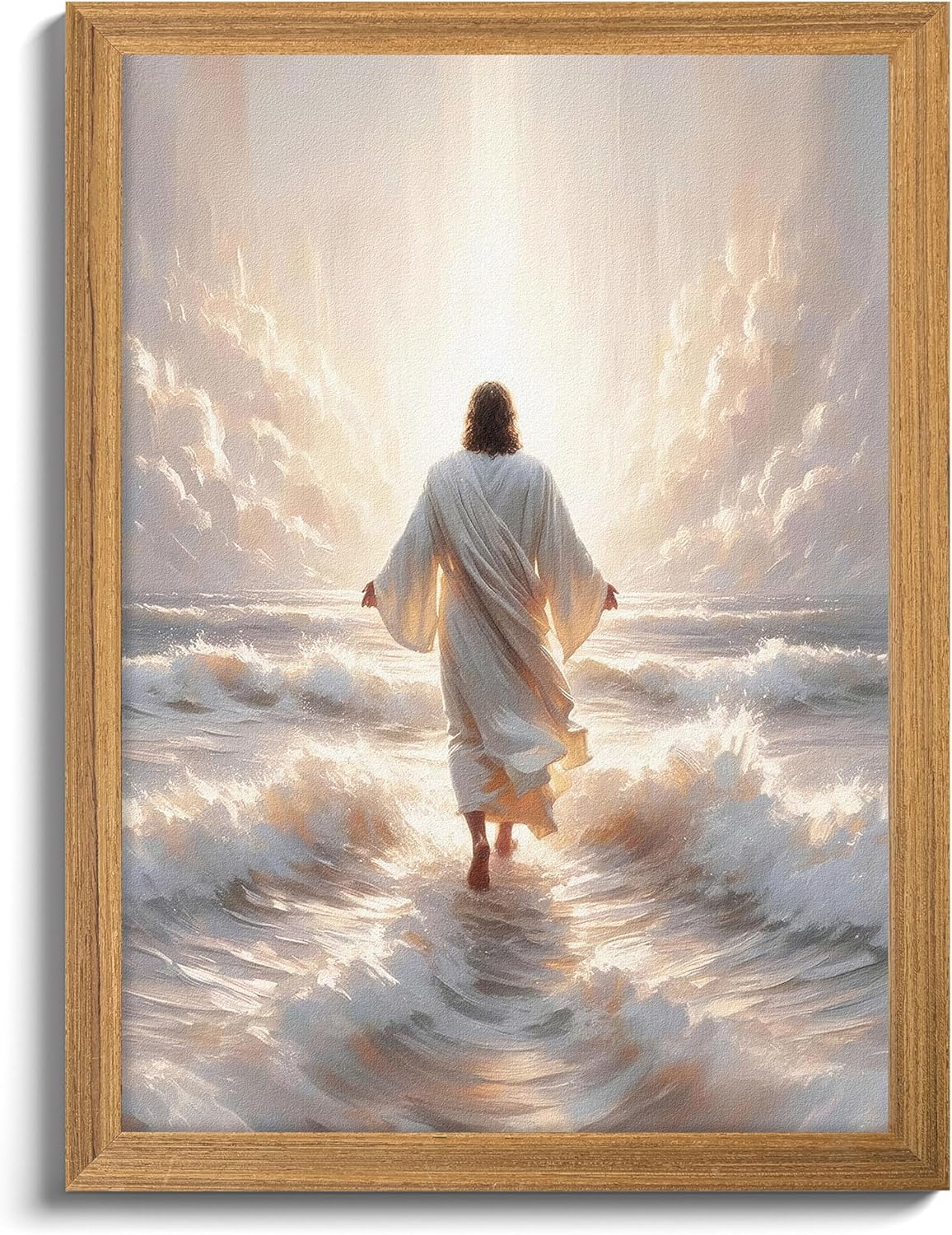 3D Textured Jesus Walking on Water Framed Wall Art – Lord Jesus Pictures Christian Wall Decor, Hand Drawn Sandstone Religious Wall Decor for Living Room, Prayer Room, Bedroom – 16x24in Jesus Light Framed 24"L x 16"W