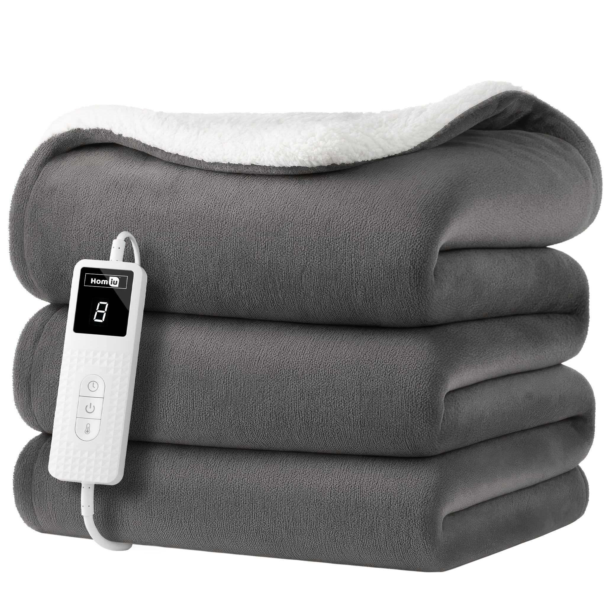 Homiu Grey Electric Heated Throw – Energy-Efficient Sherpa & Fleece Blanket | 9 Heat Settings & Timer | Auto Shut-Off & Overheat Protection | Fast Heat-Up & Machine Washable For Everyday Comfort