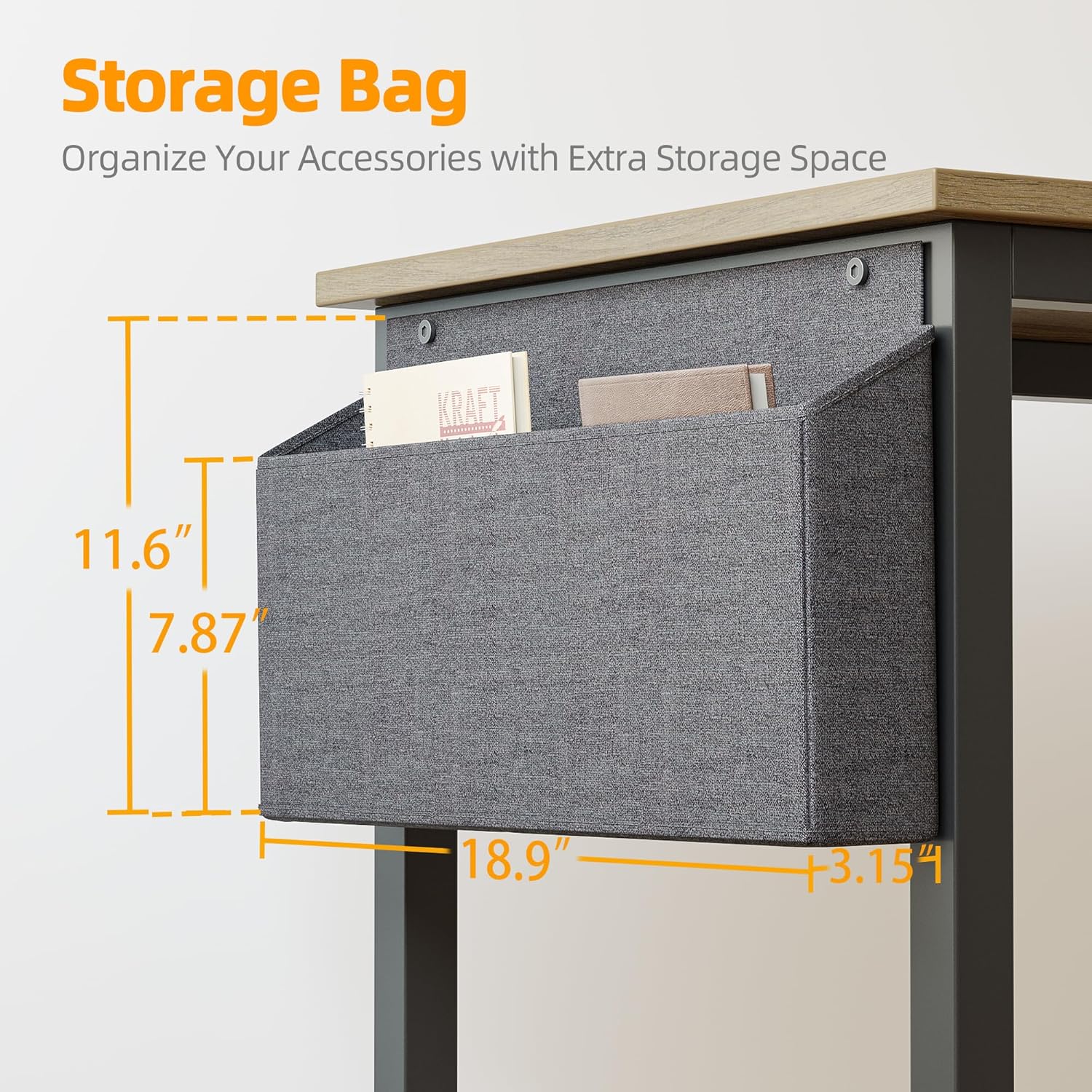 Image showing the grey fabric storage bag attached to the side of the desk, with dimensions indicating its size.