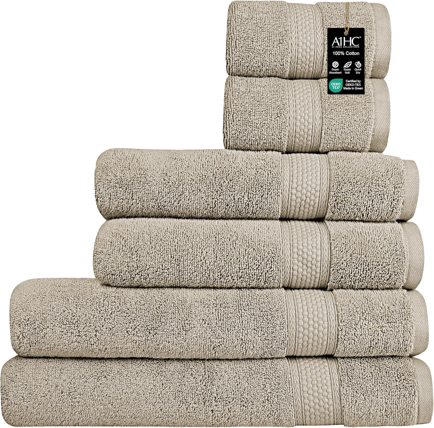 A1 Home Collections Bath Towel 500 GSM Duet Technology 100% Ring Spun Cotton Quick Dry & Highly Absorbent Towels, Zero Twist, Low Lint, Ultra Soft (Plaza Taupe, Towel Sets Pack of 6)