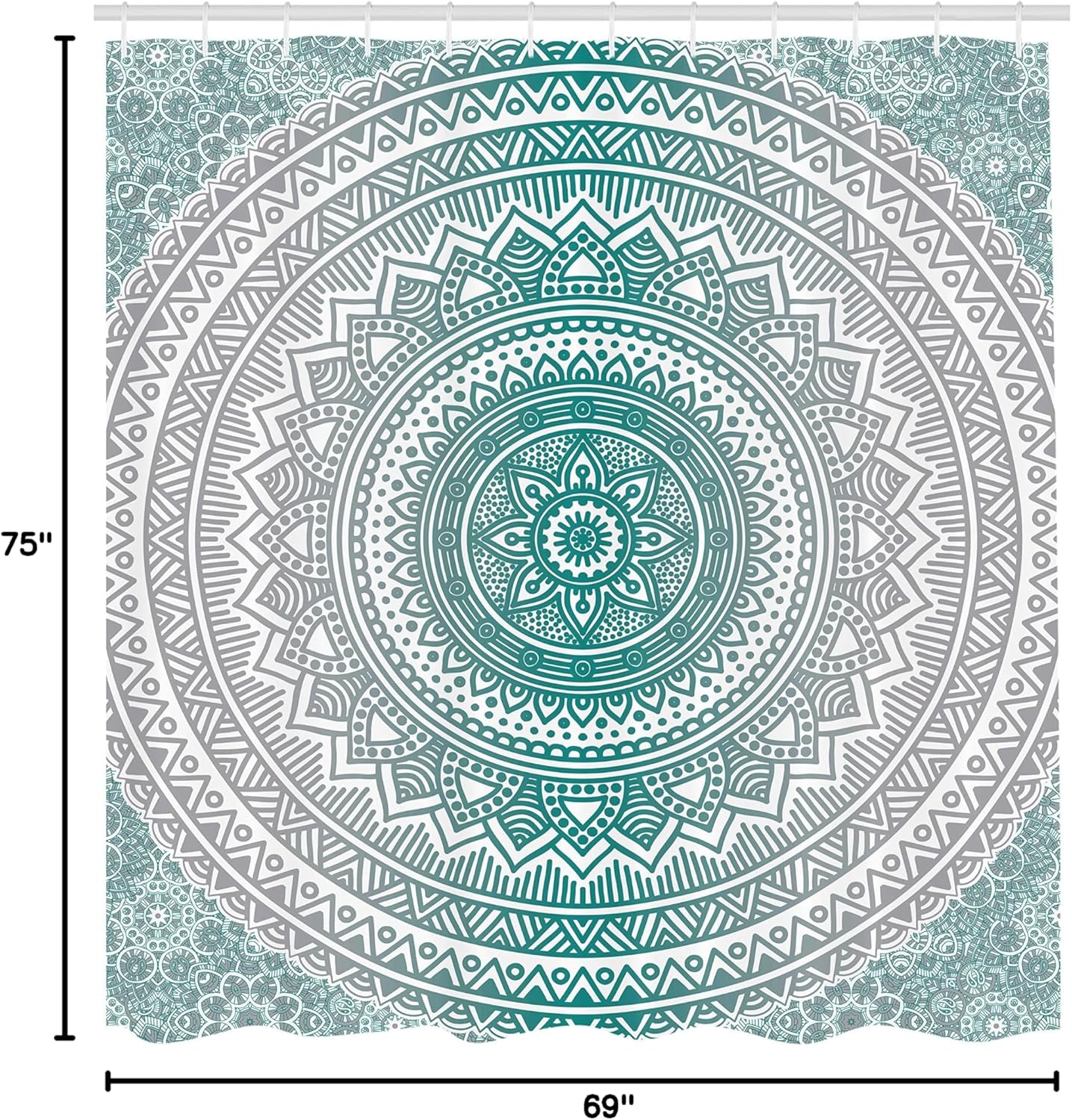Ambesonne Grey and Teal Shower Curtain, Mandala Ombre Design Space Geometric Center Point Boho Art, Cloth Fabric Bathroom Decor Set with Hooks, 69" W x 75" L, Grey Teal