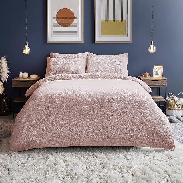 Silentnight Teddy Fleece Duvet Set Teddy Bear Bedding Fluffy Fleece Duvet Cover and Pillowcase Set Warm Cosy and Super Soft Single 135x200cm Blush Pink
