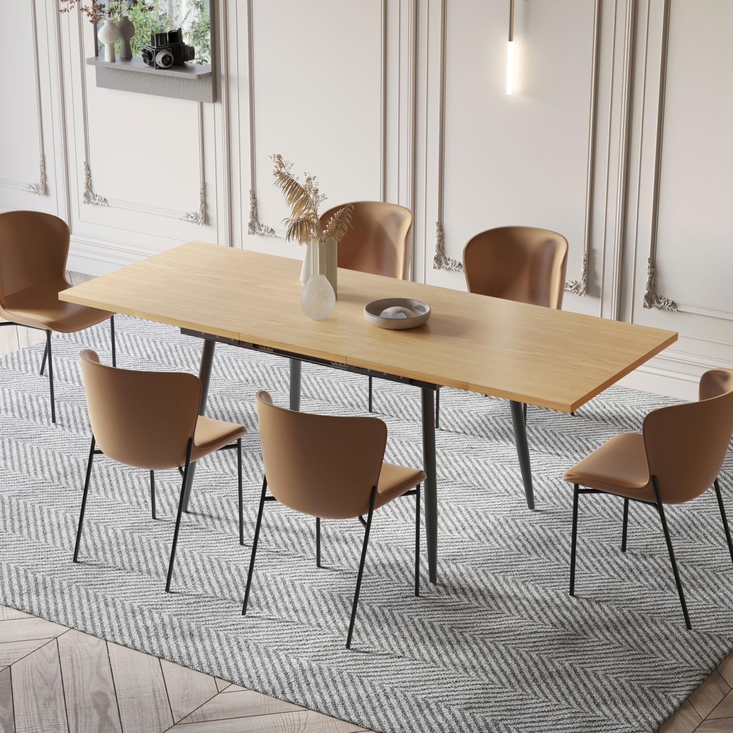 75" x 32" Extendable Dining Table - Rectangle Wooden Table Top with Metal Legs, Space-Saving Extendable 59" to 75" Dining Kitchen Table (Rectangle, Natural)