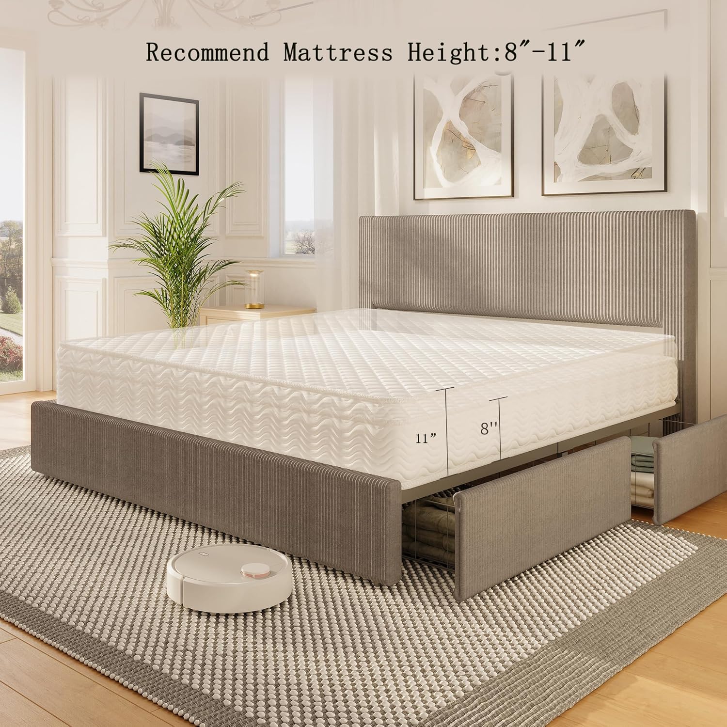 GarveeHome Bed Frame, Queen Size Platform Bed with 4 Storage Drawers, Upholstered Corduroy Channel Tufted Headboard Bed Frame with Strong Wooden Slat Support, No Box Spring Needed, Brown