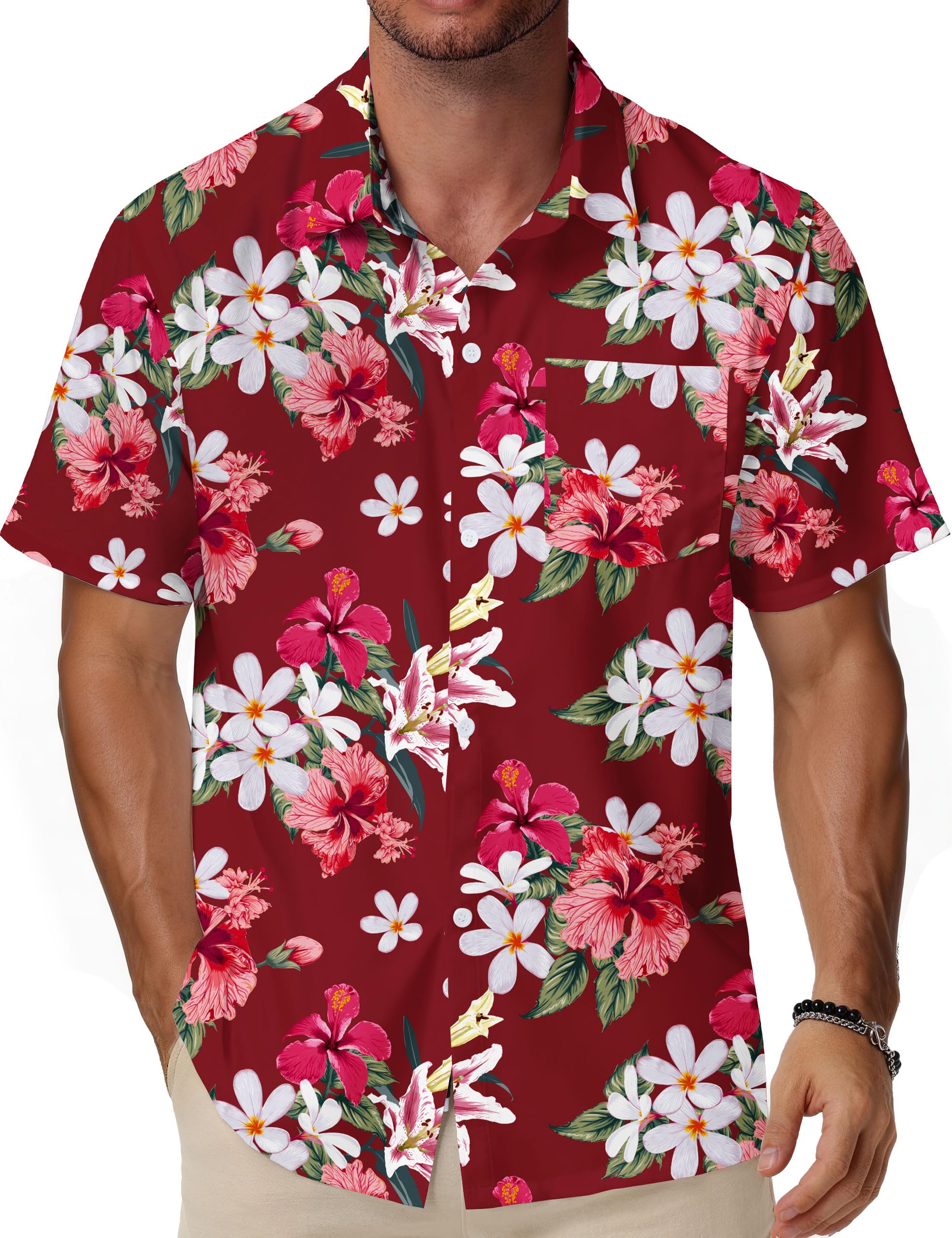 WISMBOX Hawaiihemd Herren Kurzarm mit Brusttasche, Buntes Sommerhemd Regular Fit, Funky Aloha Strandhemd für Urlaub Freizeit & Party