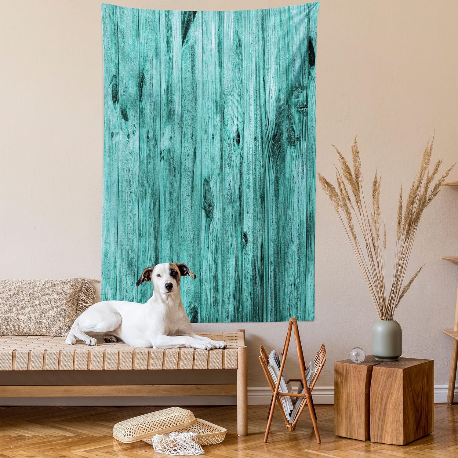 Ambesonne Turquoise Tapestry, Wall of Turquoise Wooden Texture Background and Antique Timber Furniture Print, Wall Hanging for Bedroom Living Room Dorm Decor, 40" X 60", Blue