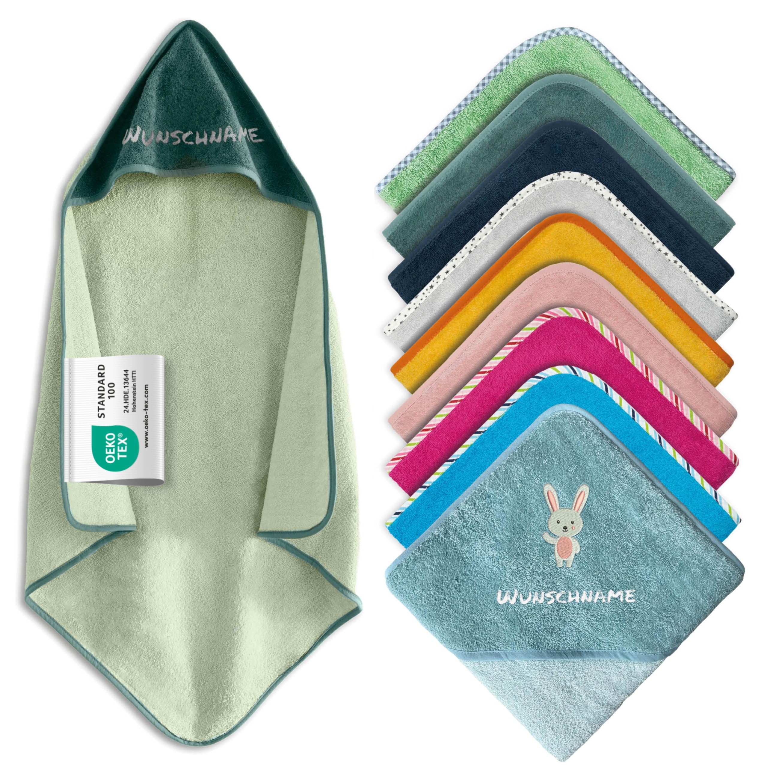 my STITCHERY Kapuzenhandtuch Baby mit Namen Bestickt, Oeko-TEX® Standard 100 - Personalisiertes Babyhandtuch mit Kapuze aus Reiner Baumwolle mit gesticktem Namen und Motiv (Dunkelgrün, 100 x 100 cm)