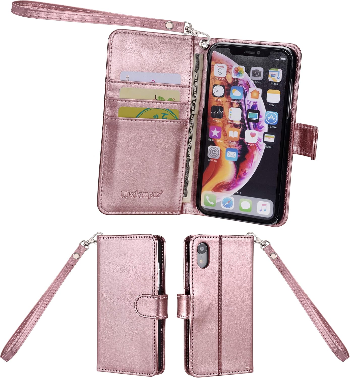 Wisdompro iPhone XR Case, Premium PU Leather 2-in-1 Protective Folio Flip Wallet Kickstand Case with Credit Card Holder Slots for Apple iPhone XR - Rose Gold