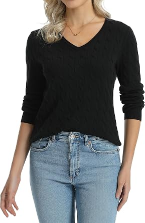 QUALFORT Womens 100% Cotton Cable Knit Sweaters Lightweight Pullover Tops | Lightweight Long Sleeve, Soft Cozy, Jumper Knitwear, Modern, Fall Spring Outfit, Winter Layer Clothing, Business Casual Work