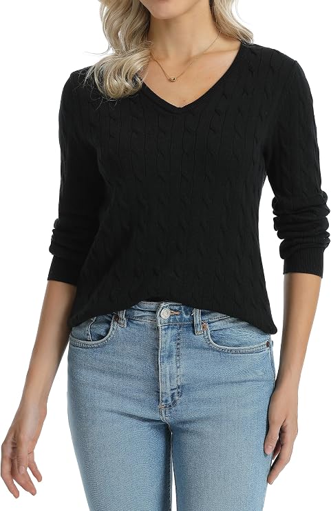 QUALFORT Womens 100% Cotton Cable Knit Sweaters Lightweight Pullover Tops | Lightweight Long Sleeve, Soft Cozy, Jumper Knitwear, Modern, Fall Spring Outfit, Winter Layer Clothing, Business Casual Work