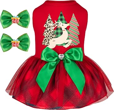cyeollo Dog Christmas Dress, Red Buffalo Plaid Tulle Outfit with Hair Bow S