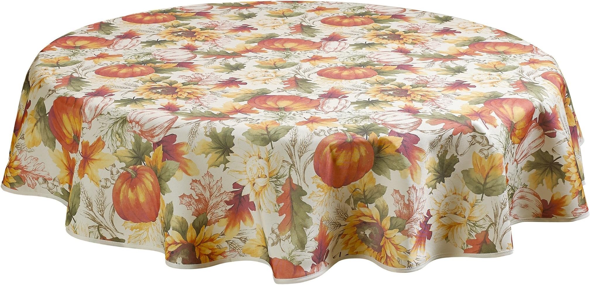 Violet LinenEuropean Fall Harvest Pumpkins and Autumn Leaves Printed Tablecloth - 60" Round