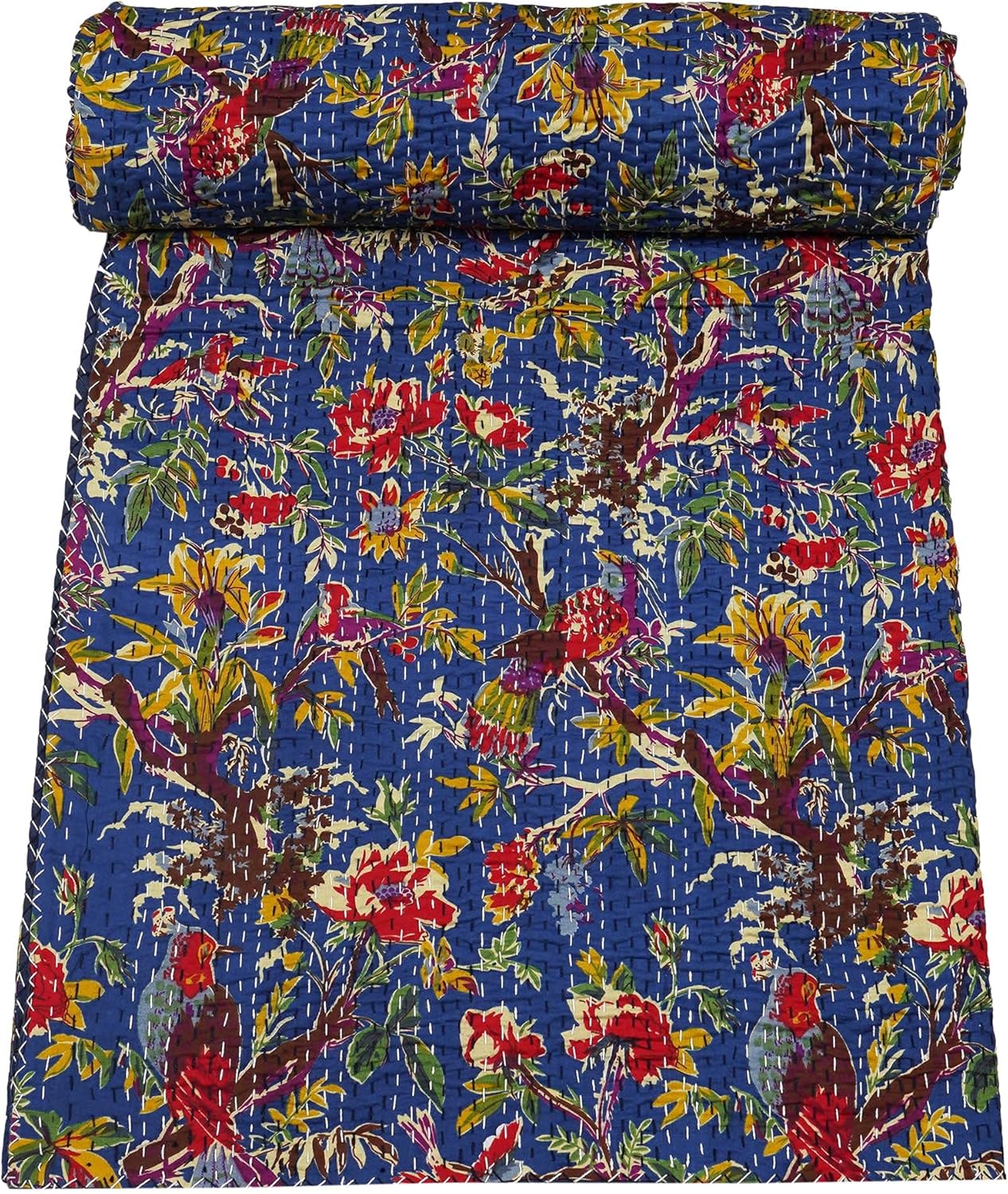 Marubhumi Indian Handmade Stitched Pure Cotton Bohemian Bird Print Kantha Quilt (Mahandi, Twin (60"x 90"))